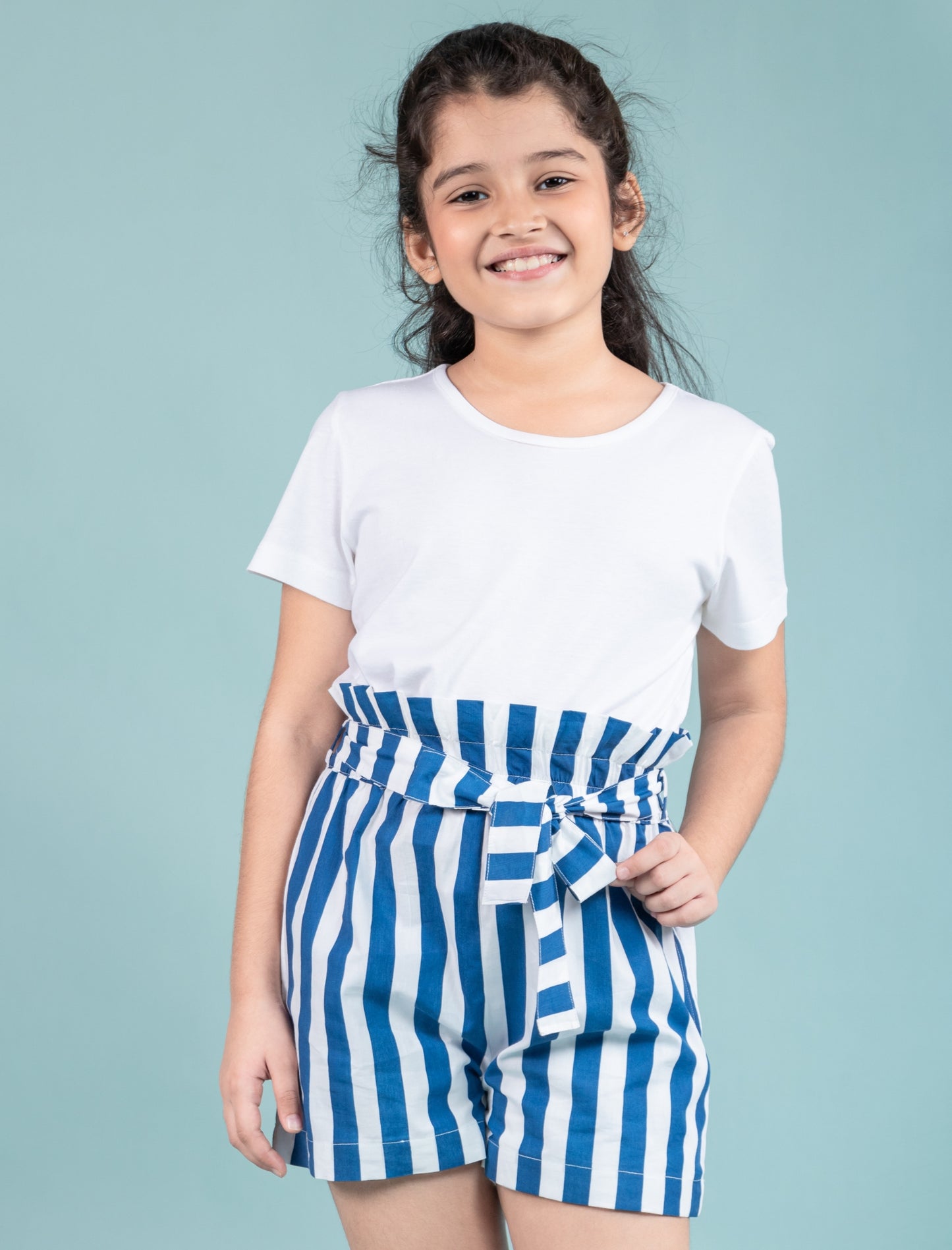 Girls Kids Pure Cotton Summer Striped Shorts (Blue)