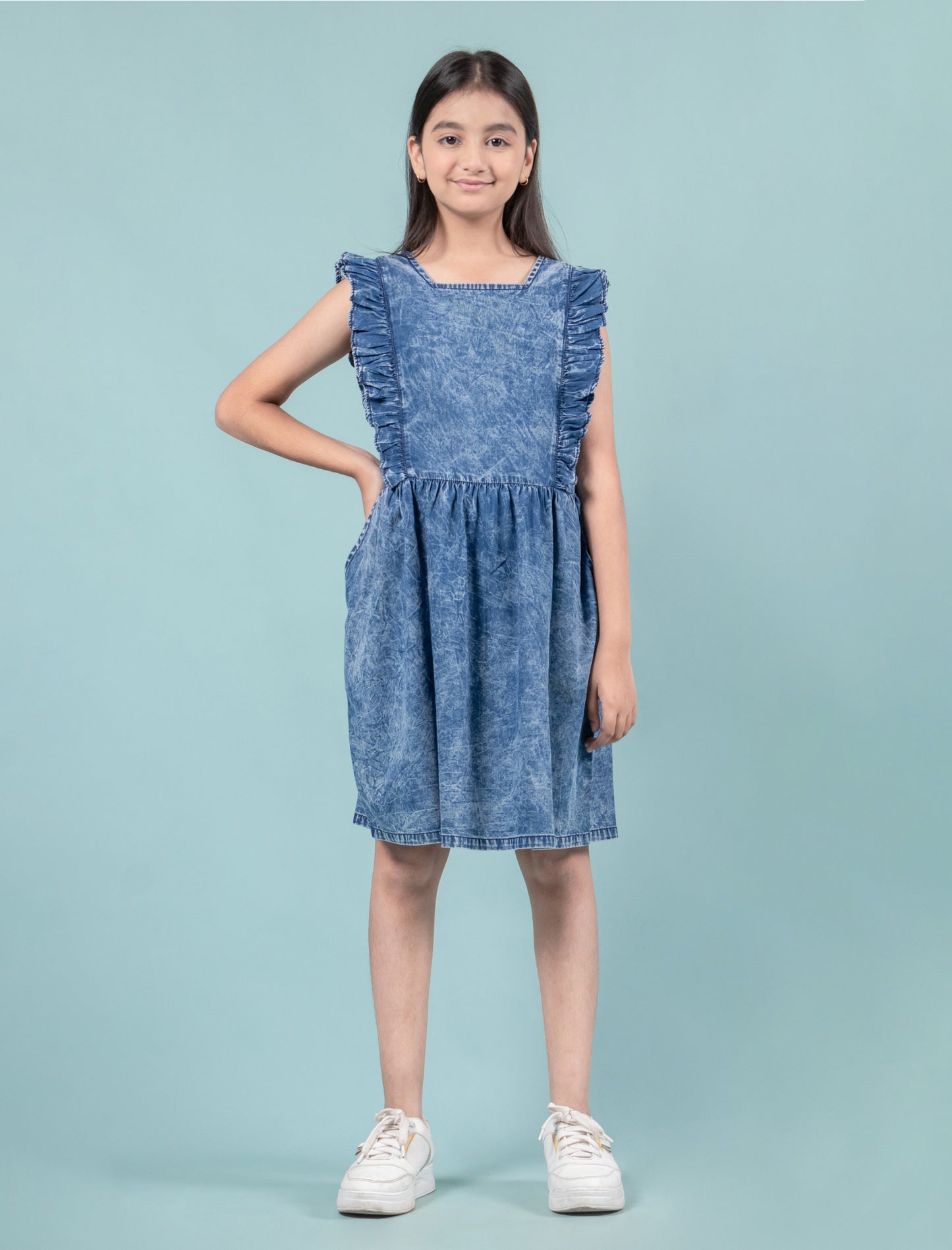 Elegant Style Denim Frill Dress (Dark Blue)