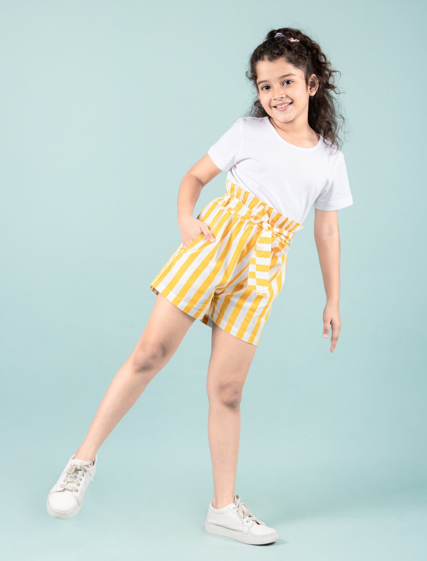 Girls Kids Pure Cotton Summer Striped Shorts (Yellow)