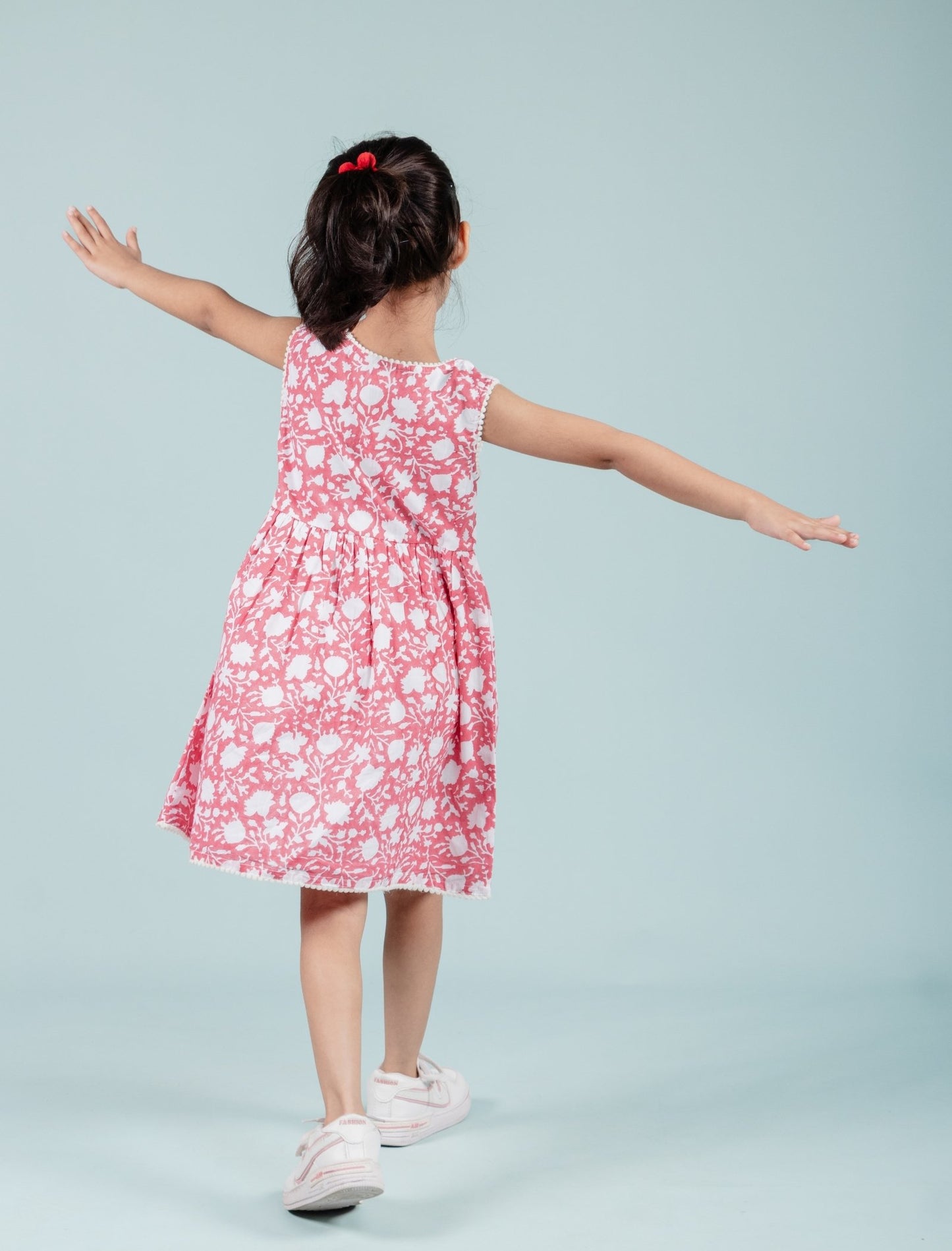 Girls Kids Block Printed Pure Cotton Sleeveless Summer Dress (Red)