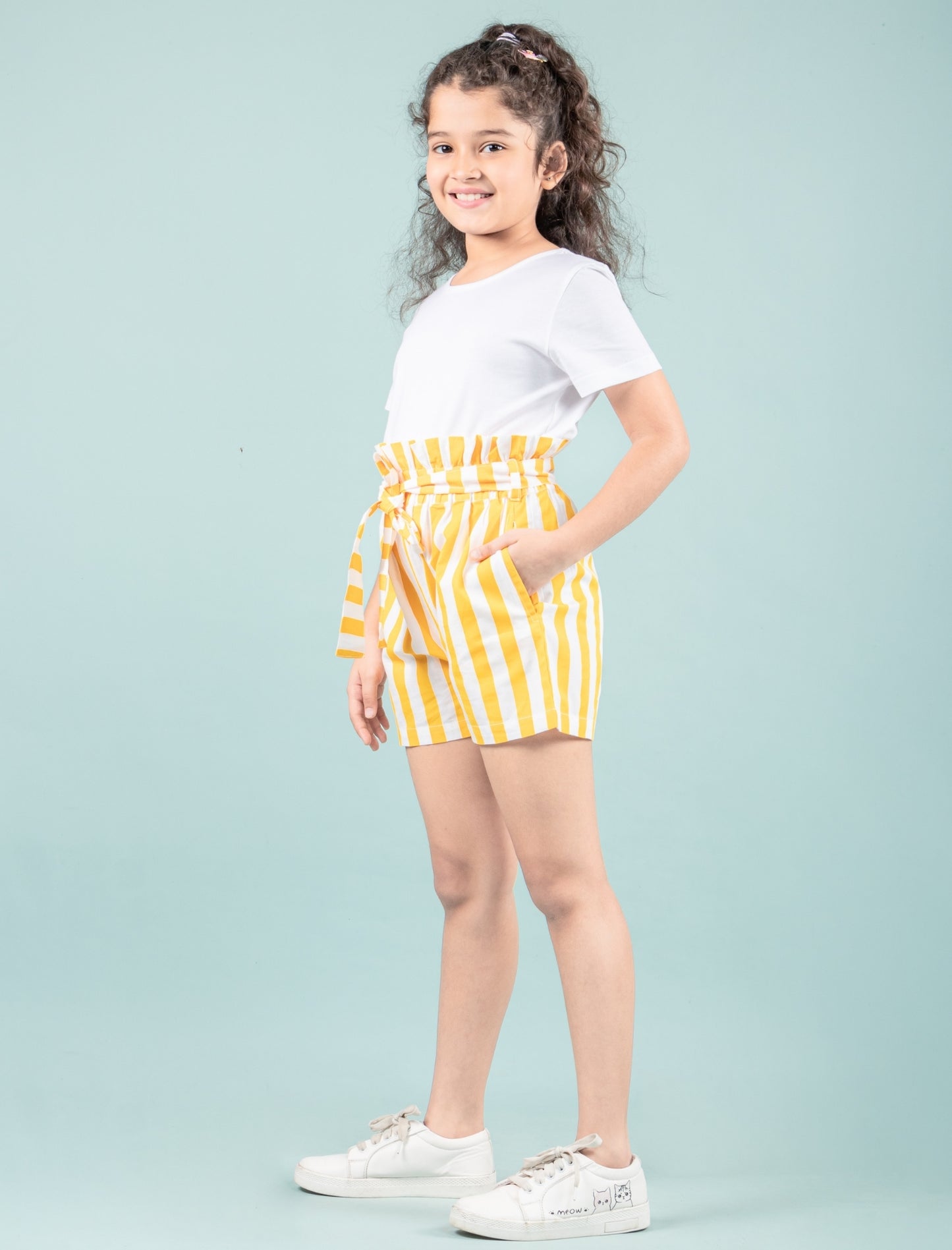 Girls Kids Pure Cotton Summer Striped Shorts (Yellow)