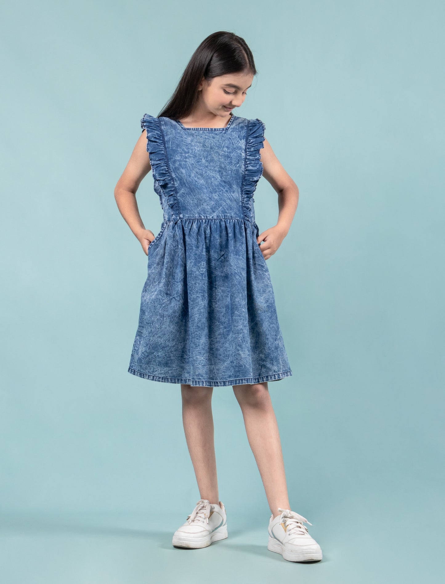 Elegant Style Denim Frill Dress (Dark Blue)