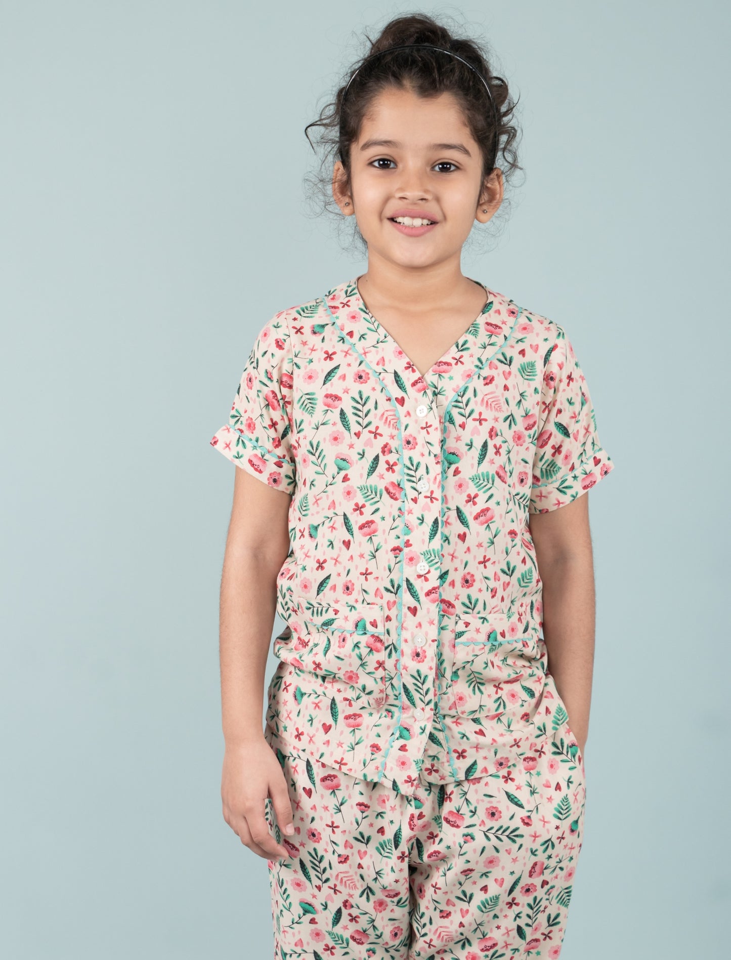 Girls Kids Pure Rayon Floral Summer Sleepwear (Half Sleeve, Beige)