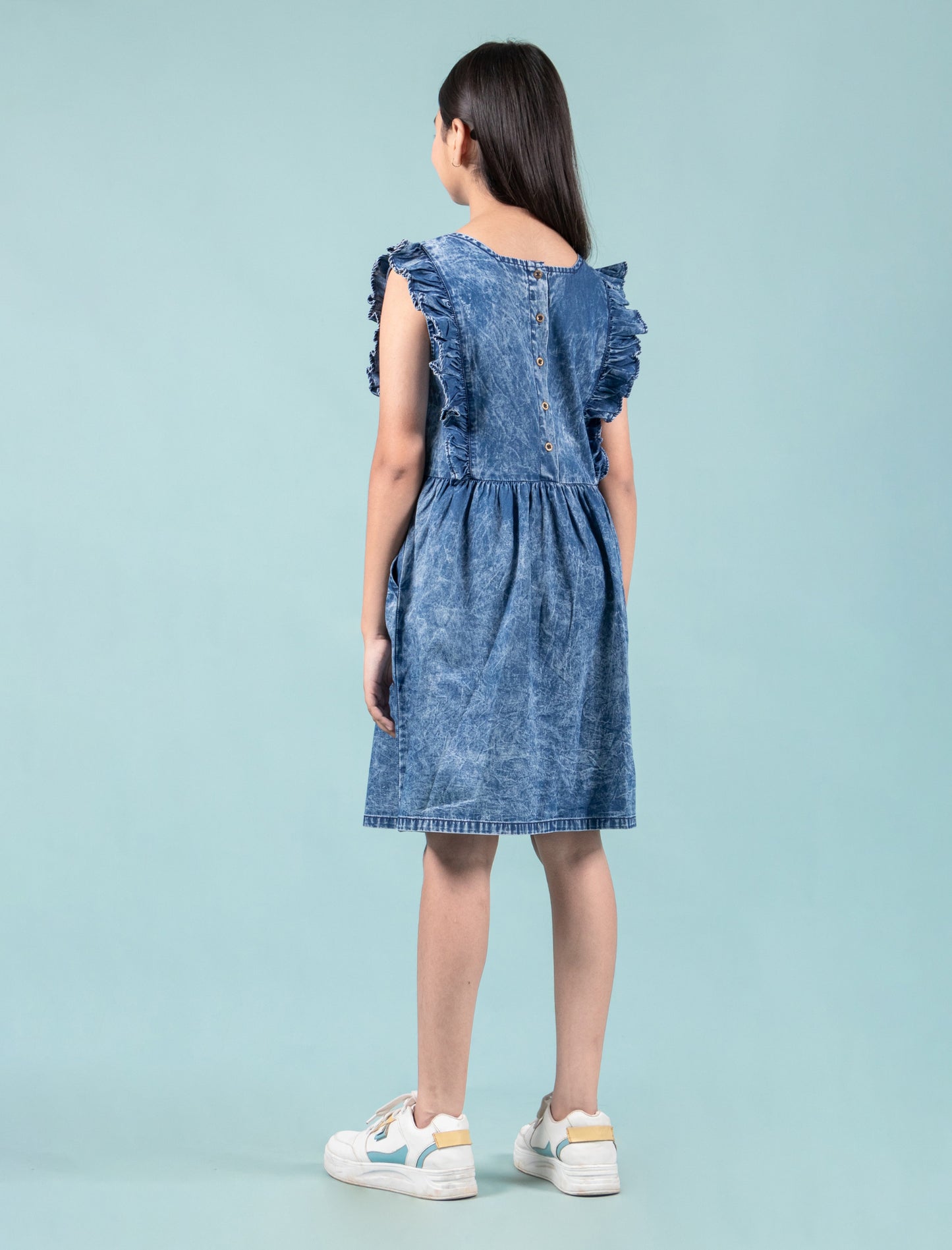 Elegant Style Denim Frill Dress (Dark Blue)