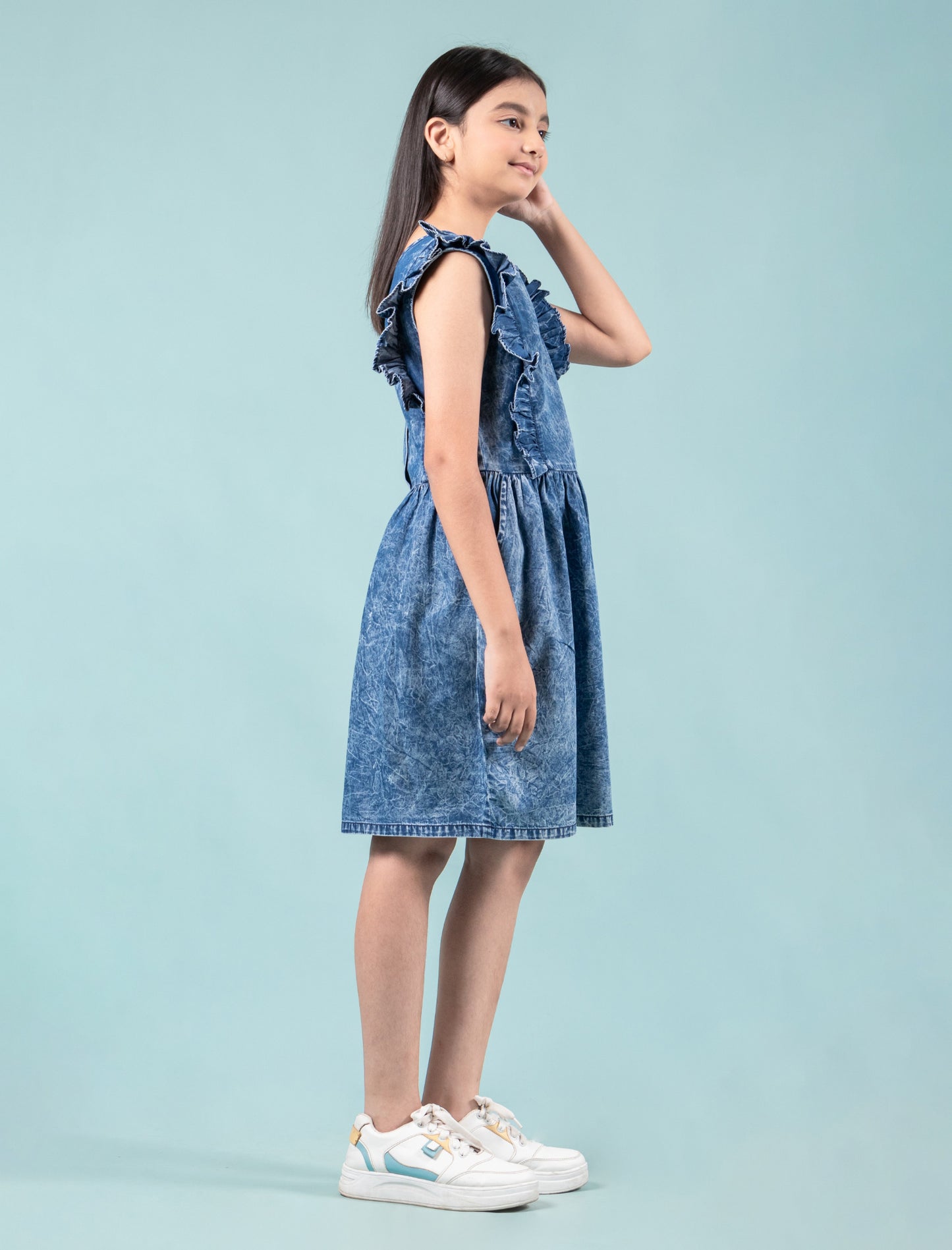 Elegant Style Denim Frill Dress (Dark Blue)