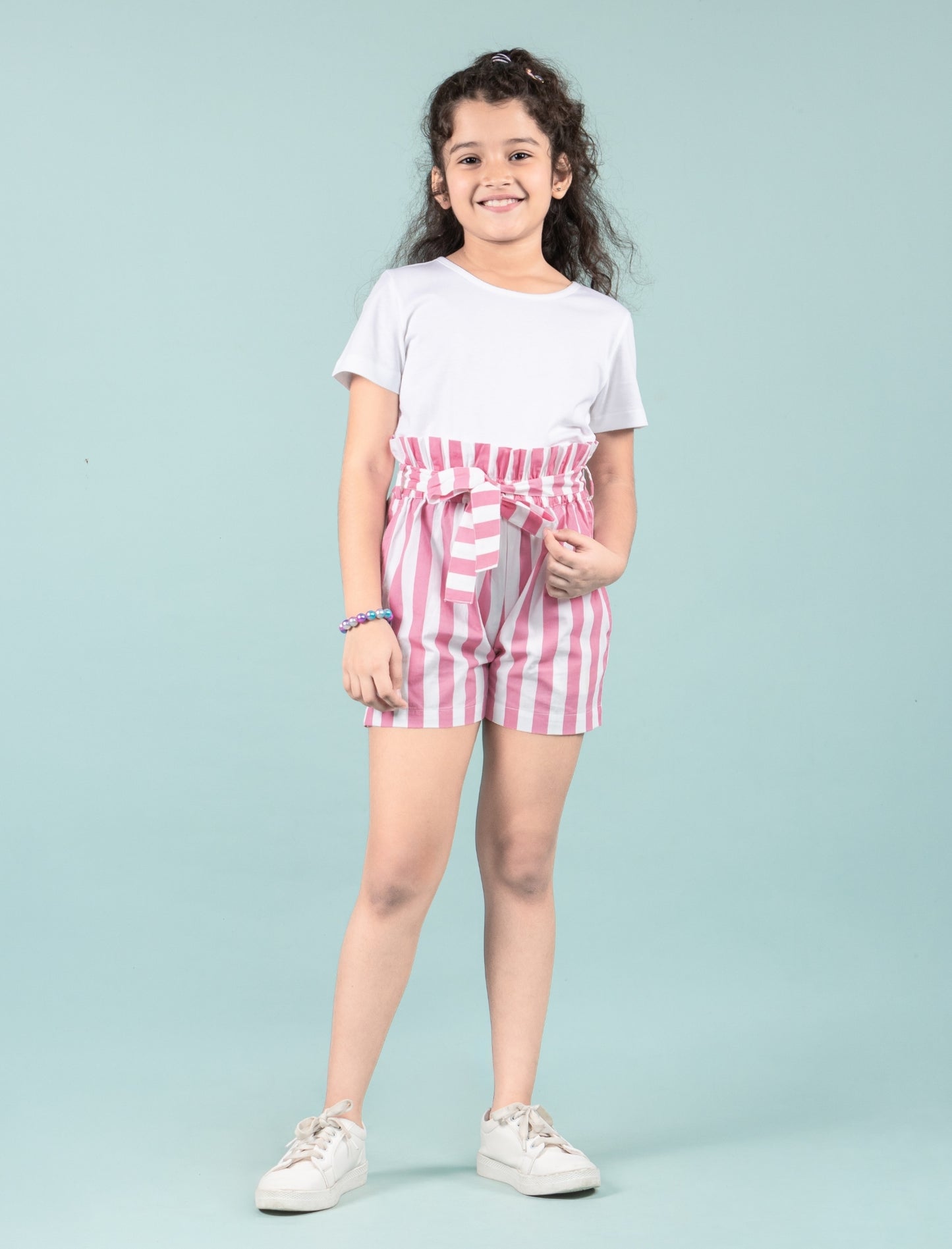 Girls Kids Pure Cotton Summer Striped Shorts (Pink)