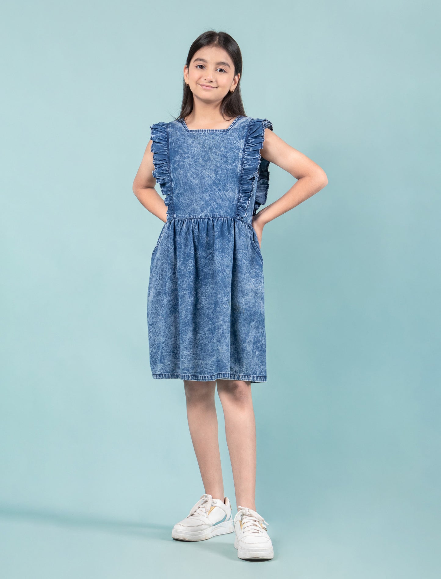 Elegant Style Denim Frill Dress (Dark Blue)