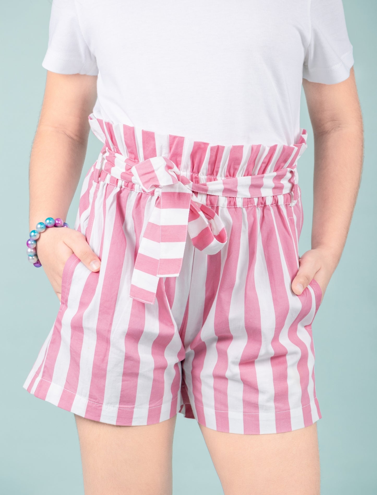 Girls Kids Pure Cotton Summer Striped Shorts (Pink)