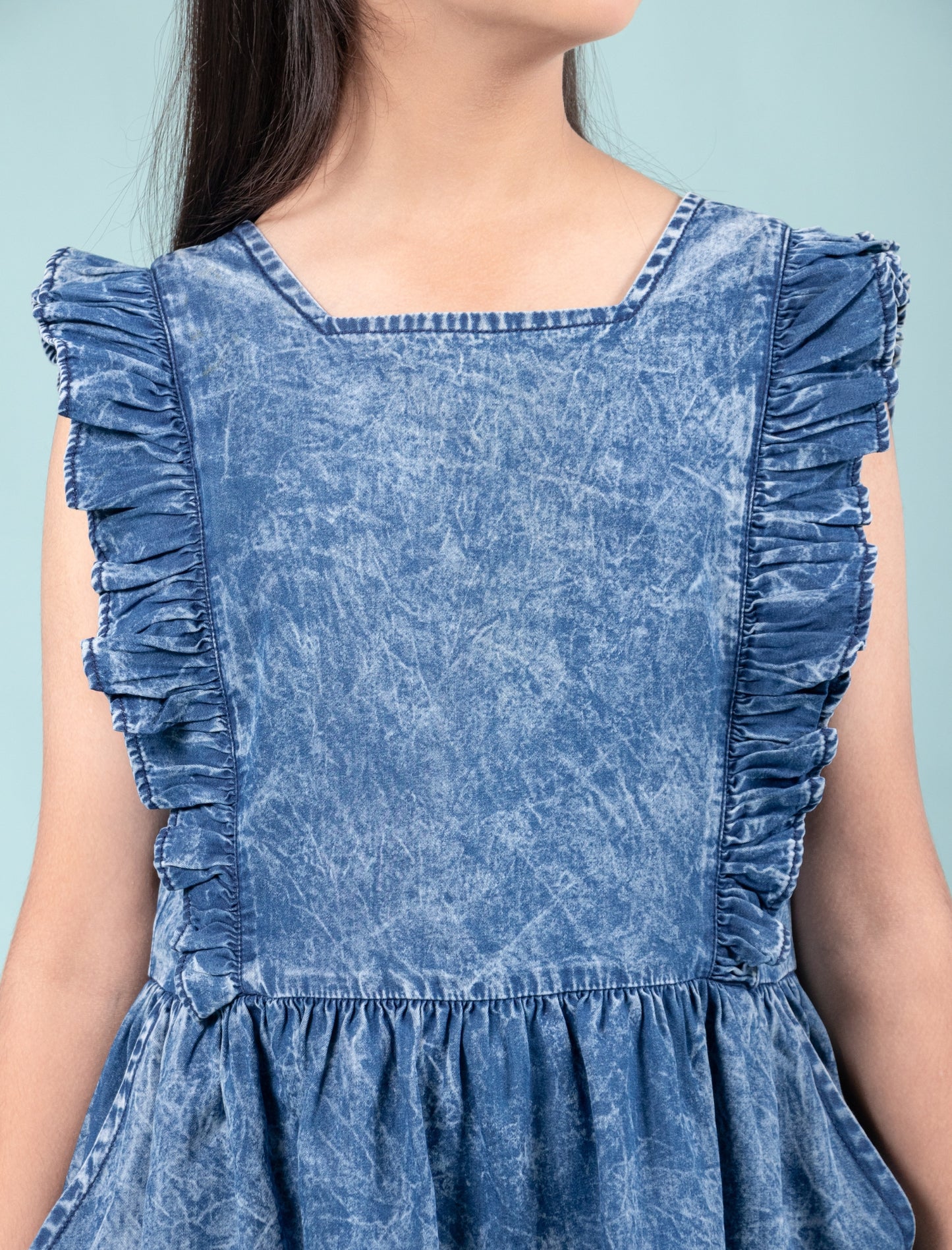 Elegant Style Denim Frill Dress (Dark Blue)