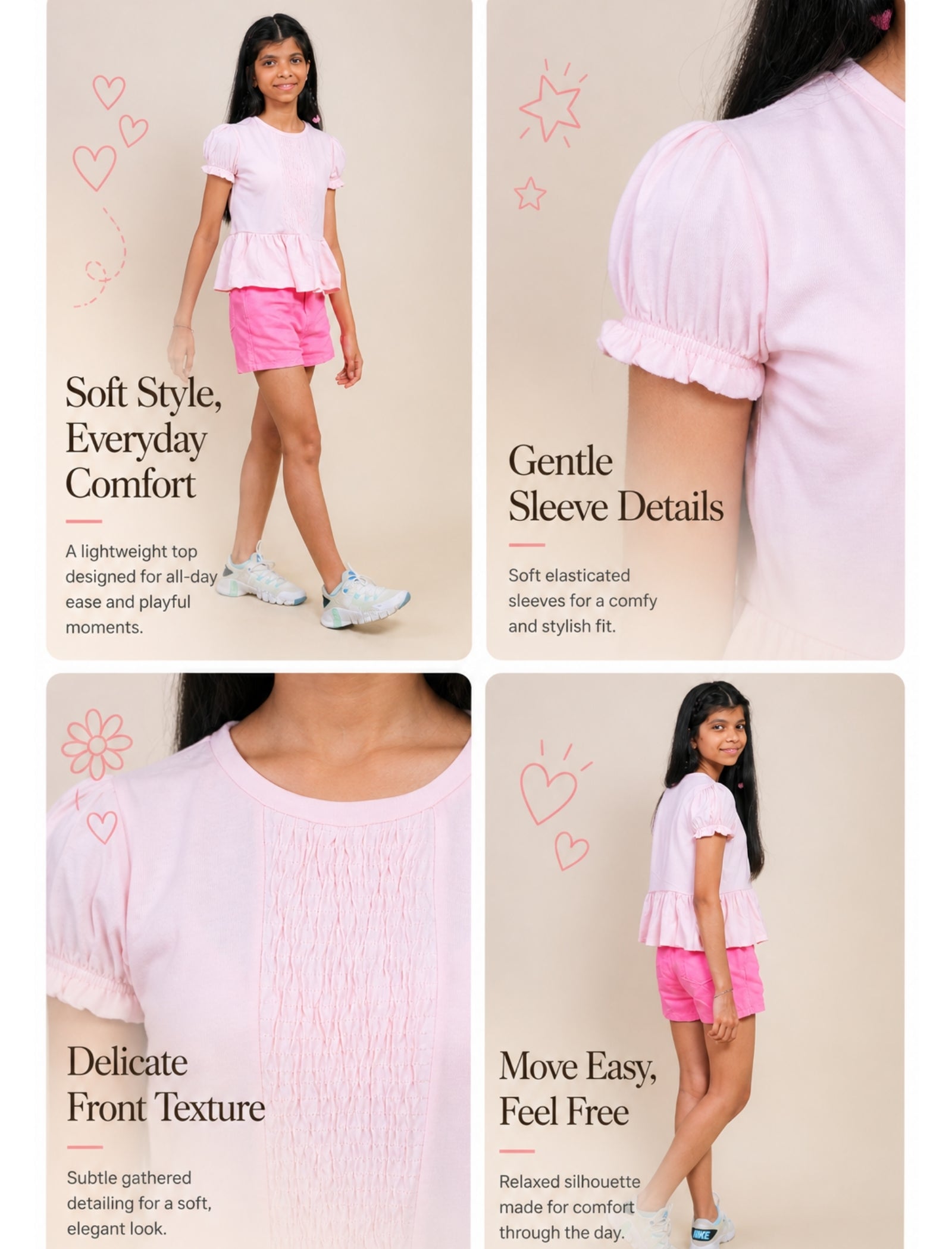Girls Tops for Summer | Pure Cotton Smocked Peplum Top – Blush Pink