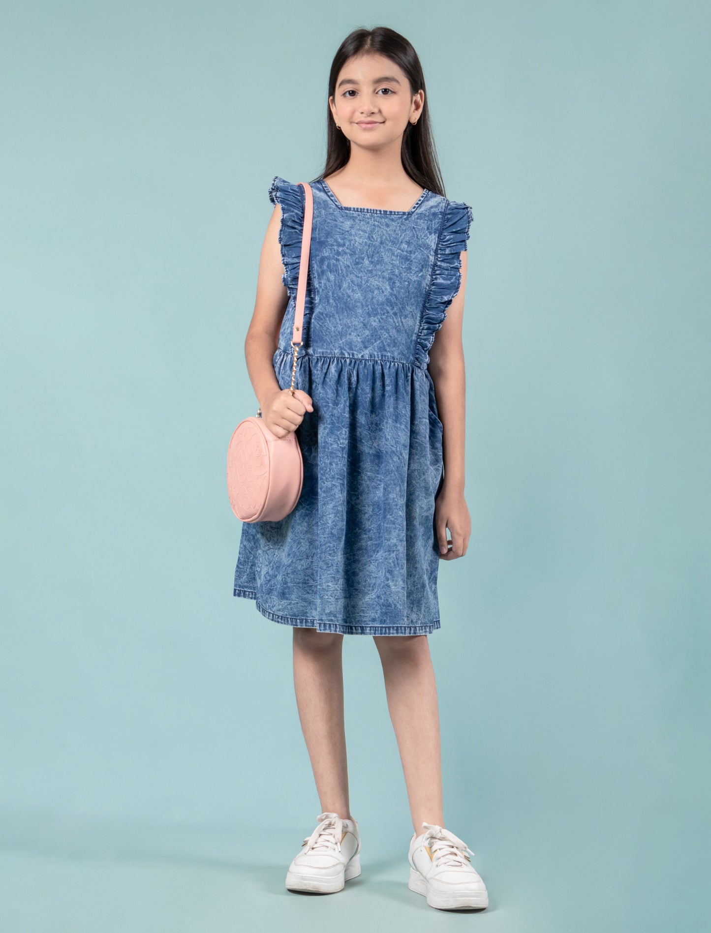 Elegant Style Denim Frill Dress (Dark Blue)