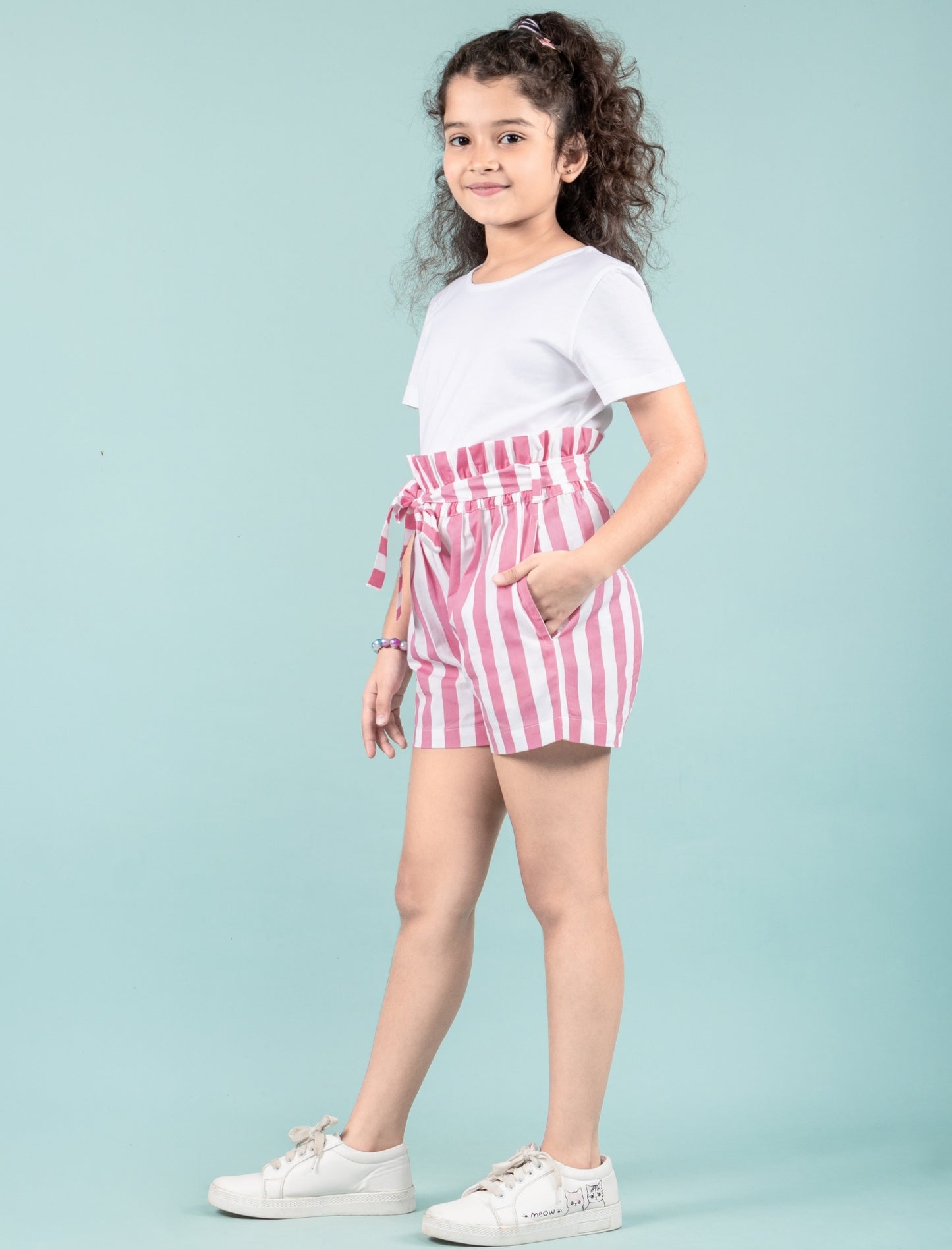 Girls Kids Pure Cotton Summer Striped Shorts (Pink)