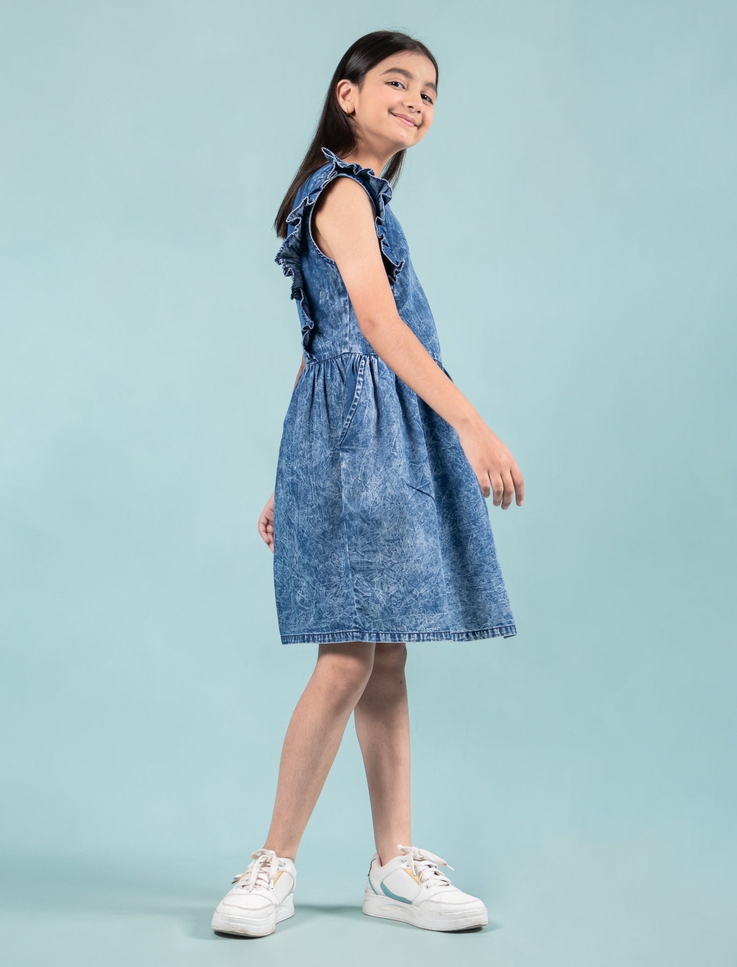 Elegant Style Denim Frill Dress (Dark Blue)