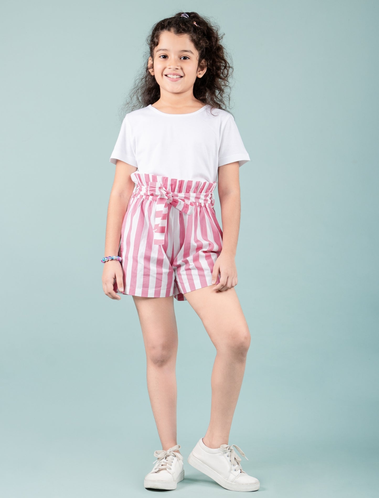 Girls Kids Pure Cotton Summer Striped Shorts (Pink)