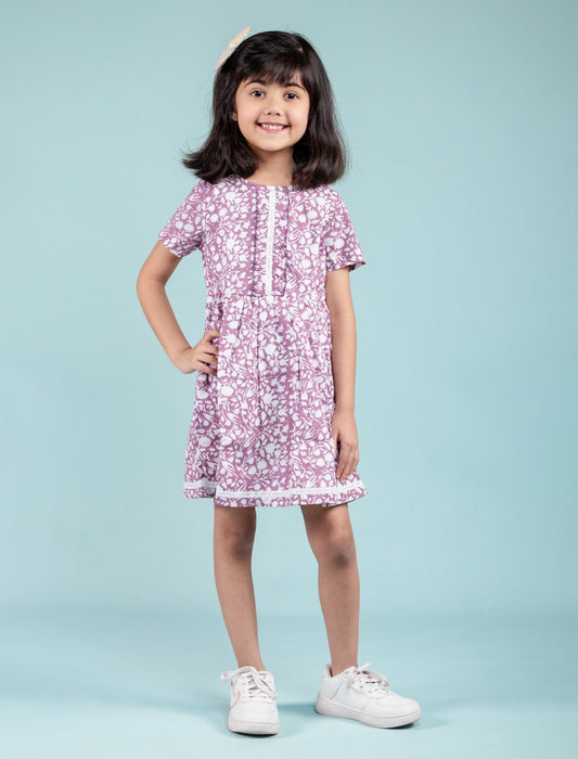 Girls Kids Block Printed Pure Cotton Short Sleeve Summer Dress (Purple)