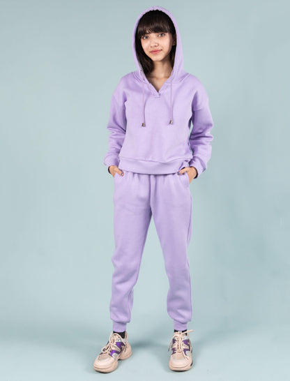 Girls Kids Winter Pure Cotton Fleece Hoodie Joggers Track Suit Set (Lavender)