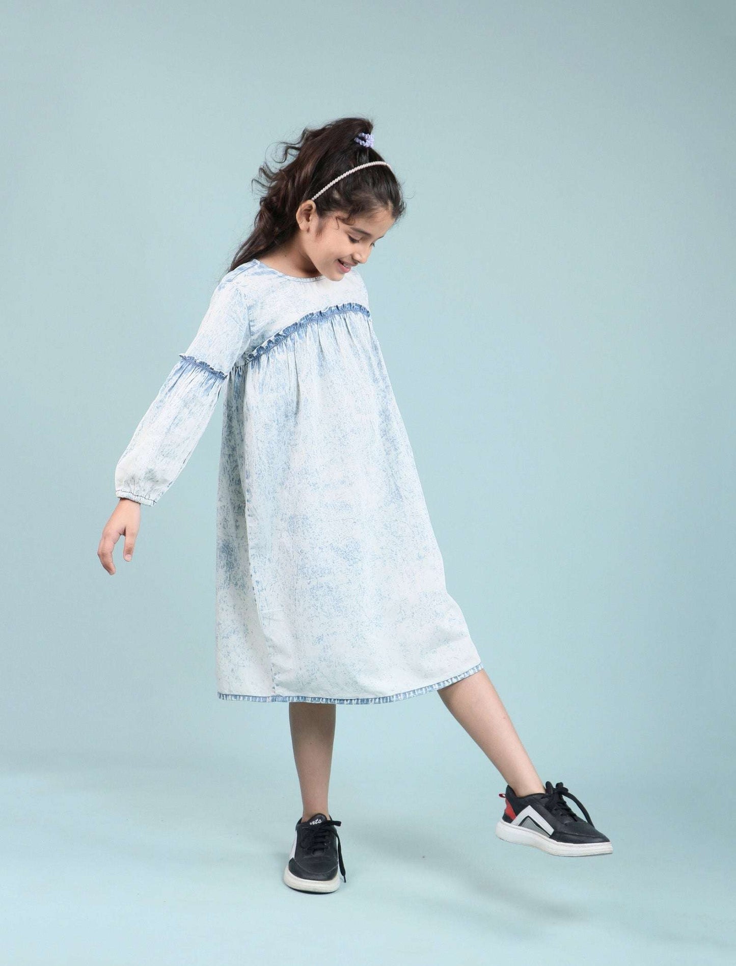 Acid Wash Denim Dress for Girls Kids with Full Sleeves (Light Blue) - Tweeny Mini
