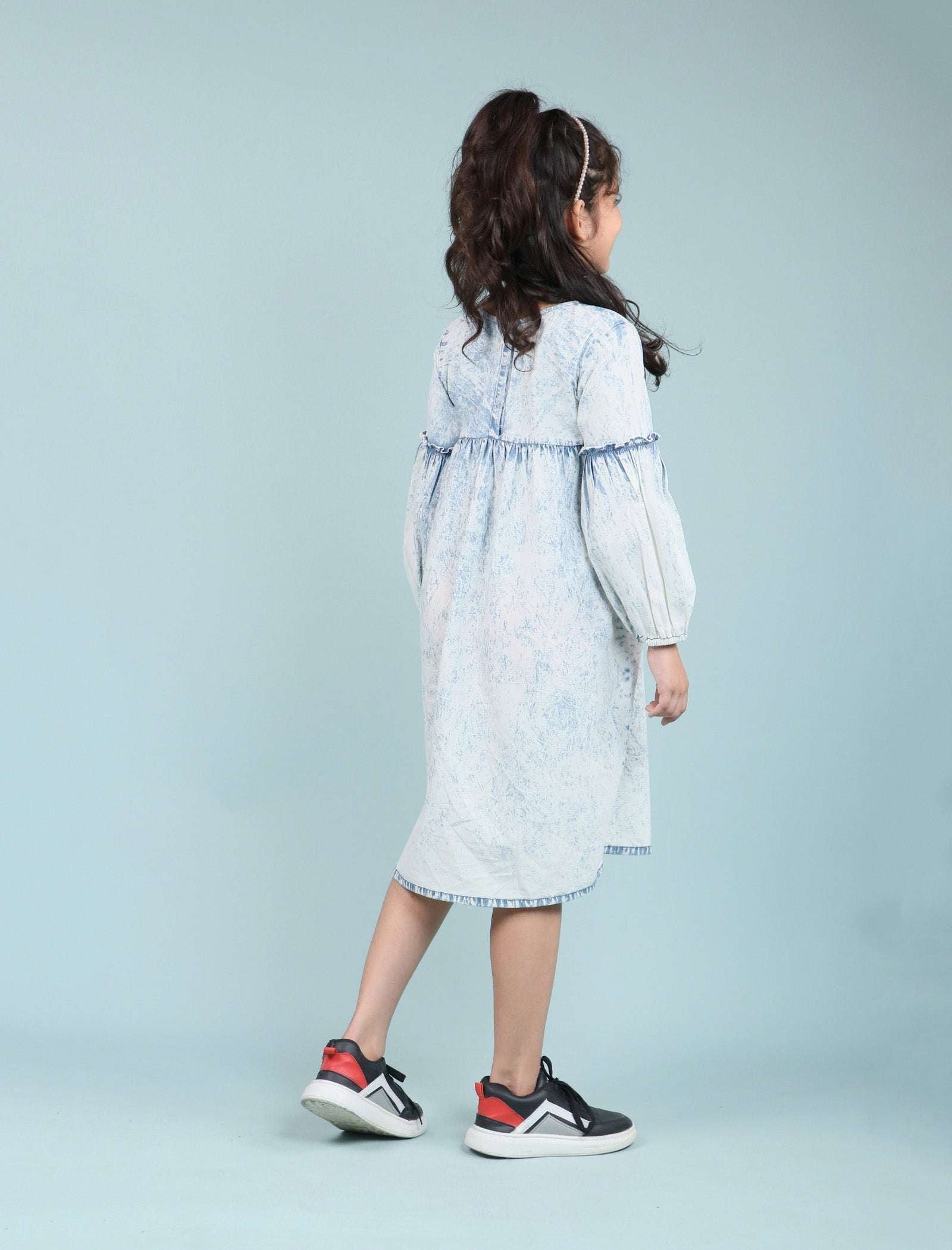 Acid Wash Denim Dress for Girls Kids with Full Sleeves (Light Blue) - Tweeny Mini