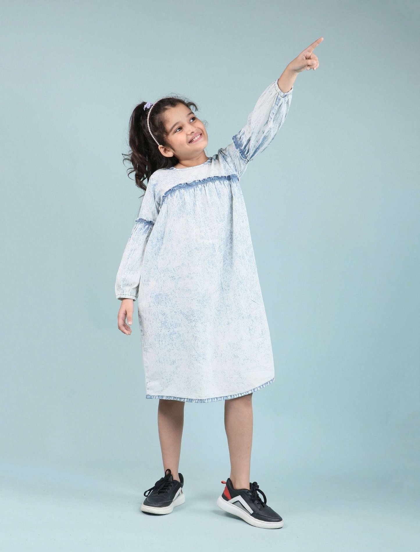 Acid Wash Denim Dress for Girls Kids with Full Sleeves (Light Blue) - Tweeny Mini