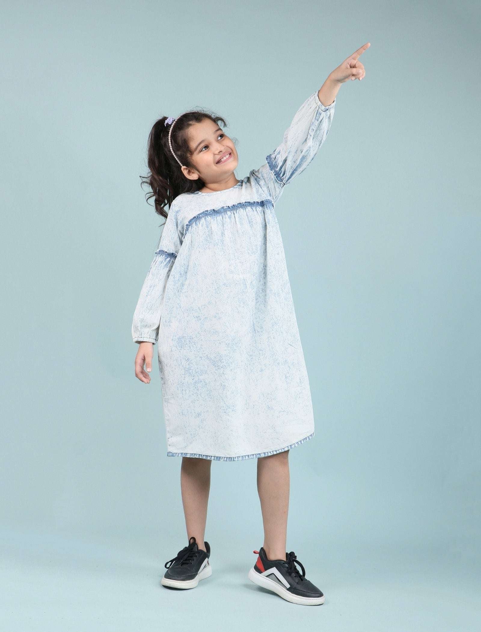 Acid Wash Denim Dress for Girls Kids with Full Sleeves (Light Blue) - Tweeny Mini