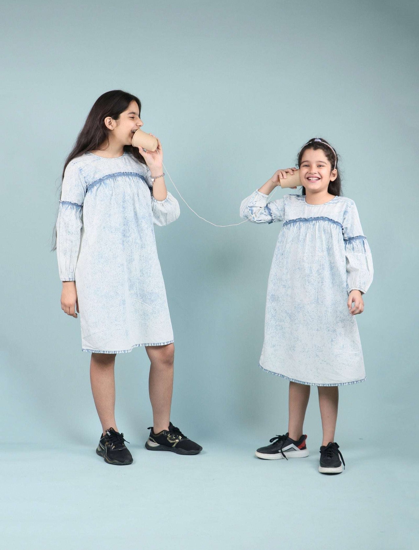 Acid Wash Denim Dress for Girls Kids with Full Sleeves (Light Blue) - Tweeny Mini