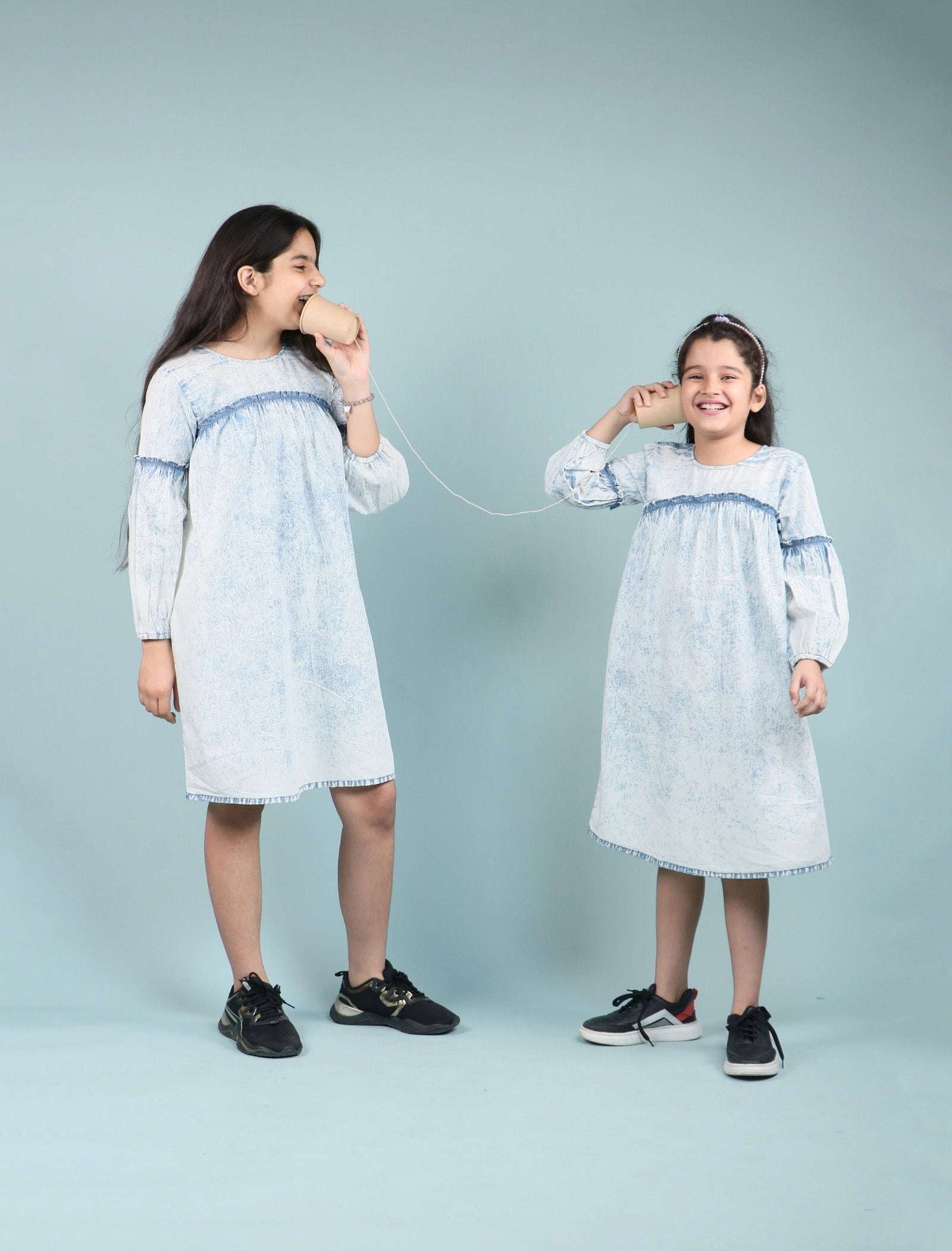 Acid Wash Denim Dress for Girls Kids with Full Sleeves (Light Blue) - Tweeny Mini