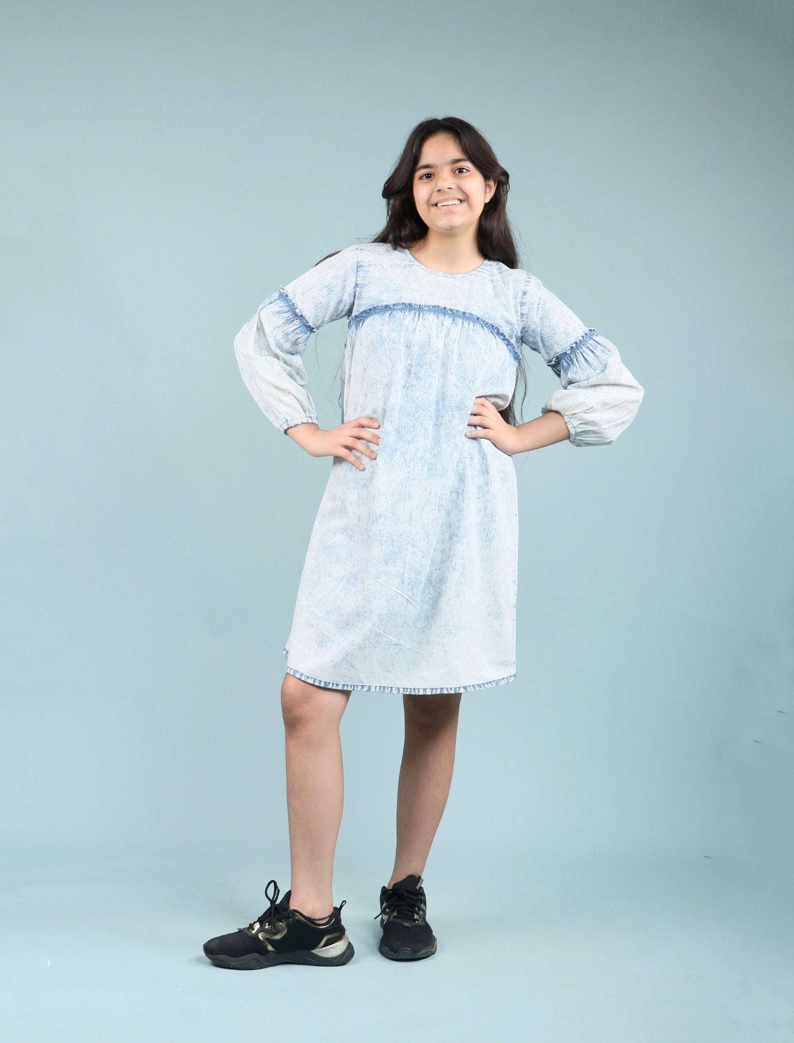 Acid Wash Denim Dress for Girls Kids with Full Sleeves (Light Blue) - Tweeny Mini