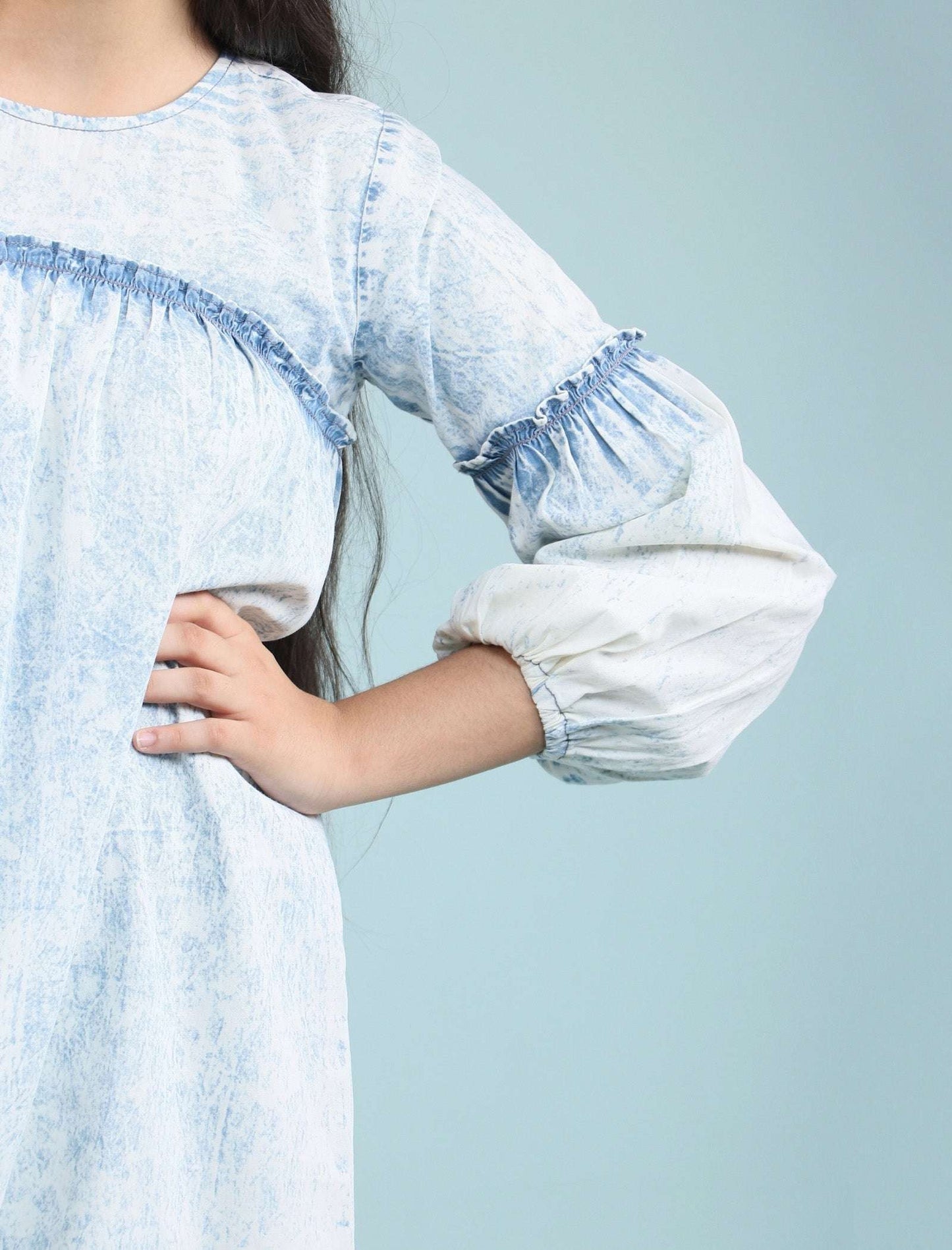Acid Wash Denim Dress for Girls Kids with Full Sleeves (Light Blue) - Tweeny Mini