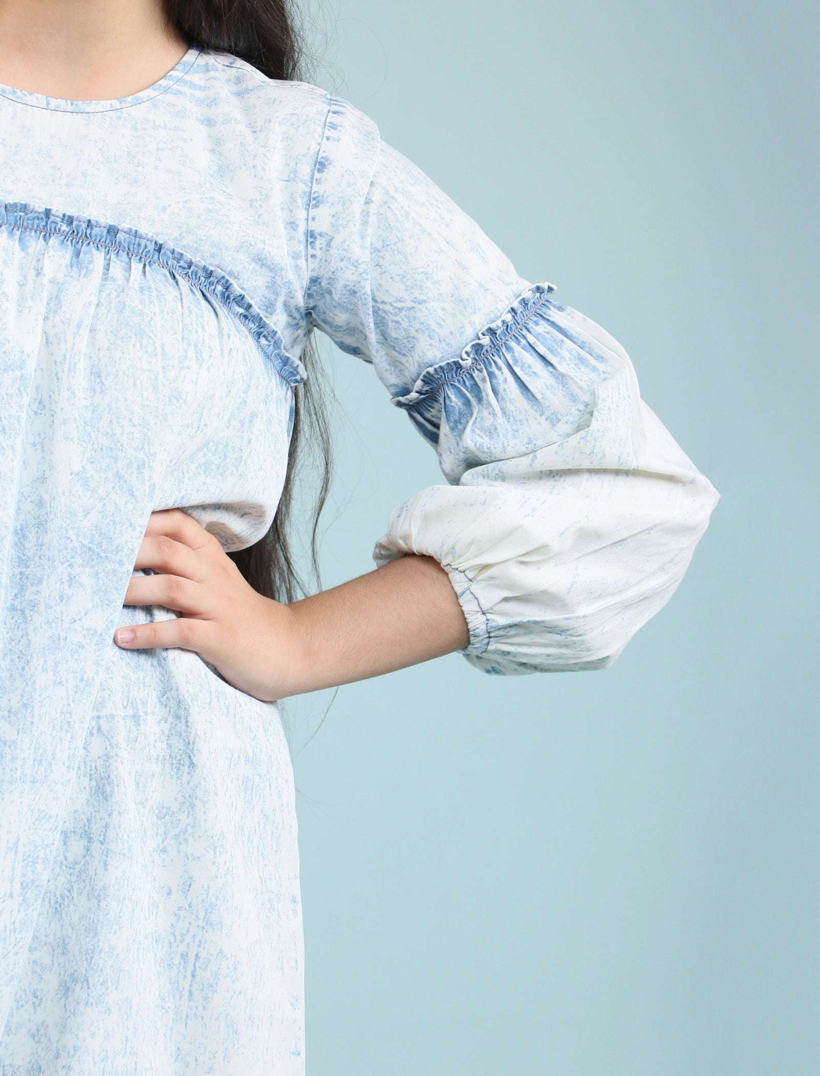 Acid Wash Denim Dress for Girls Kids with Full Sleeves (Light Blue) - Tweeny Mini