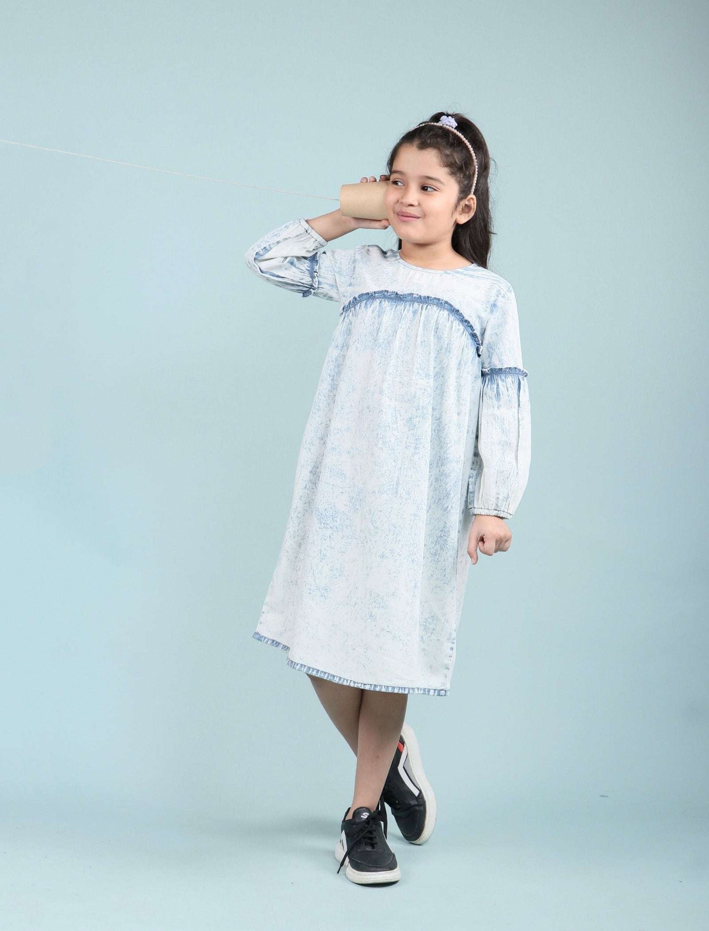 Acid Wash Denim Dress for Girls Kids with Full Sleeves (Light Blue) - Tweeny Mini