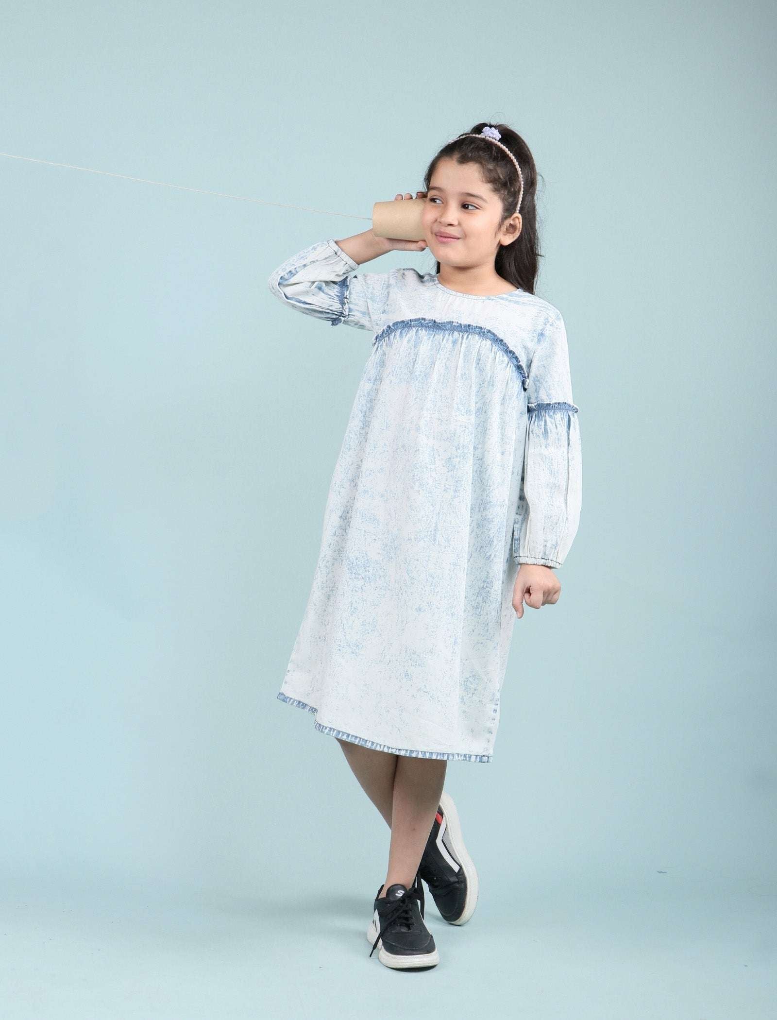 Acid Wash Denim Dress for Girls Kids with Full Sleeves (Light Blue) - Tweeny Mini