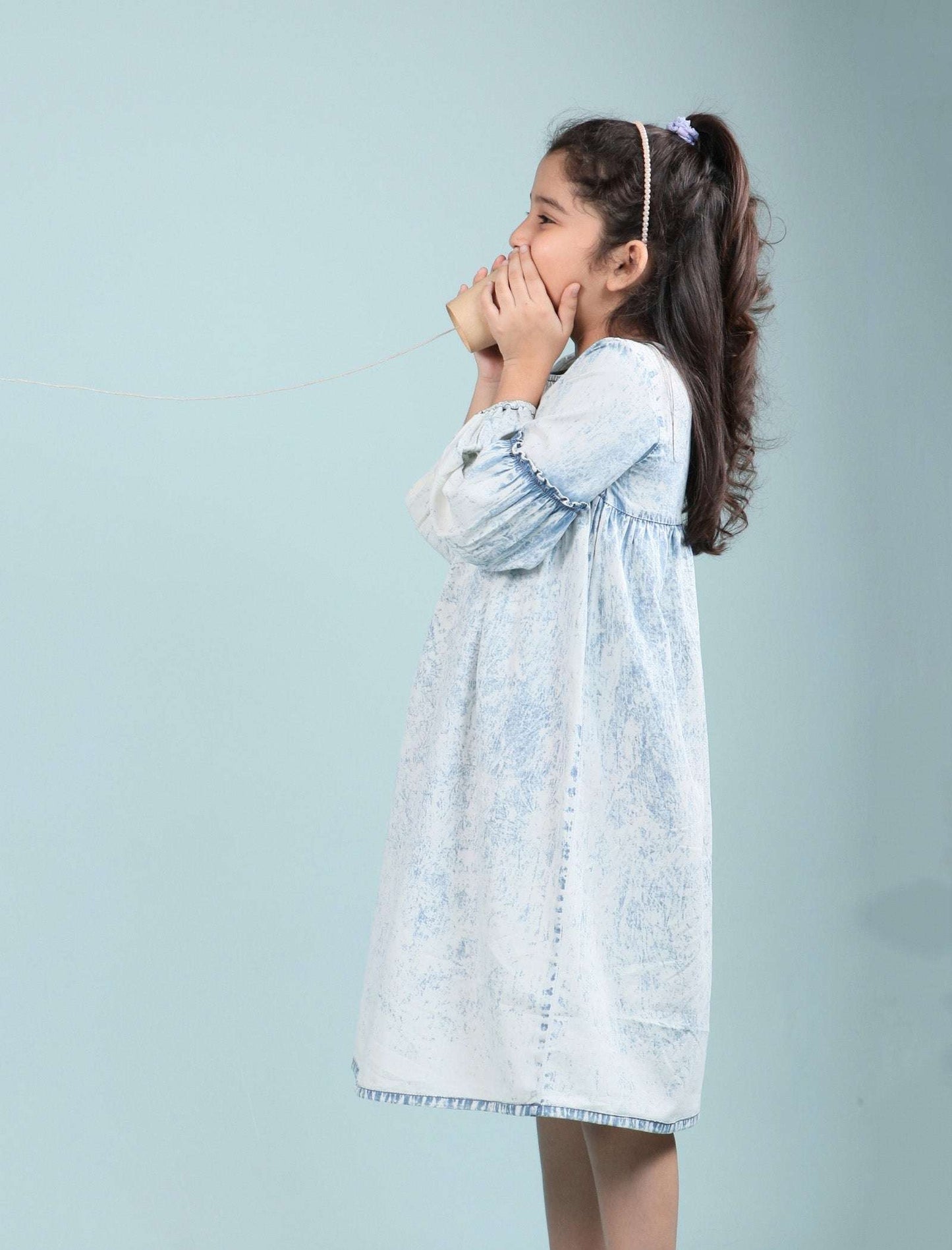 Acid Wash Denim Dress for Girls Kids with Full Sleeves (Light Blue) - Tweeny Mini