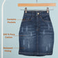 Blue denim skirt on a hanger with text highlighting features on a light blue background
