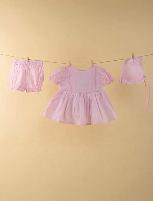 Newborn Baby Girl Summer Frock with Matching Cap and Bloomer (Pink) - Tweeny Mini