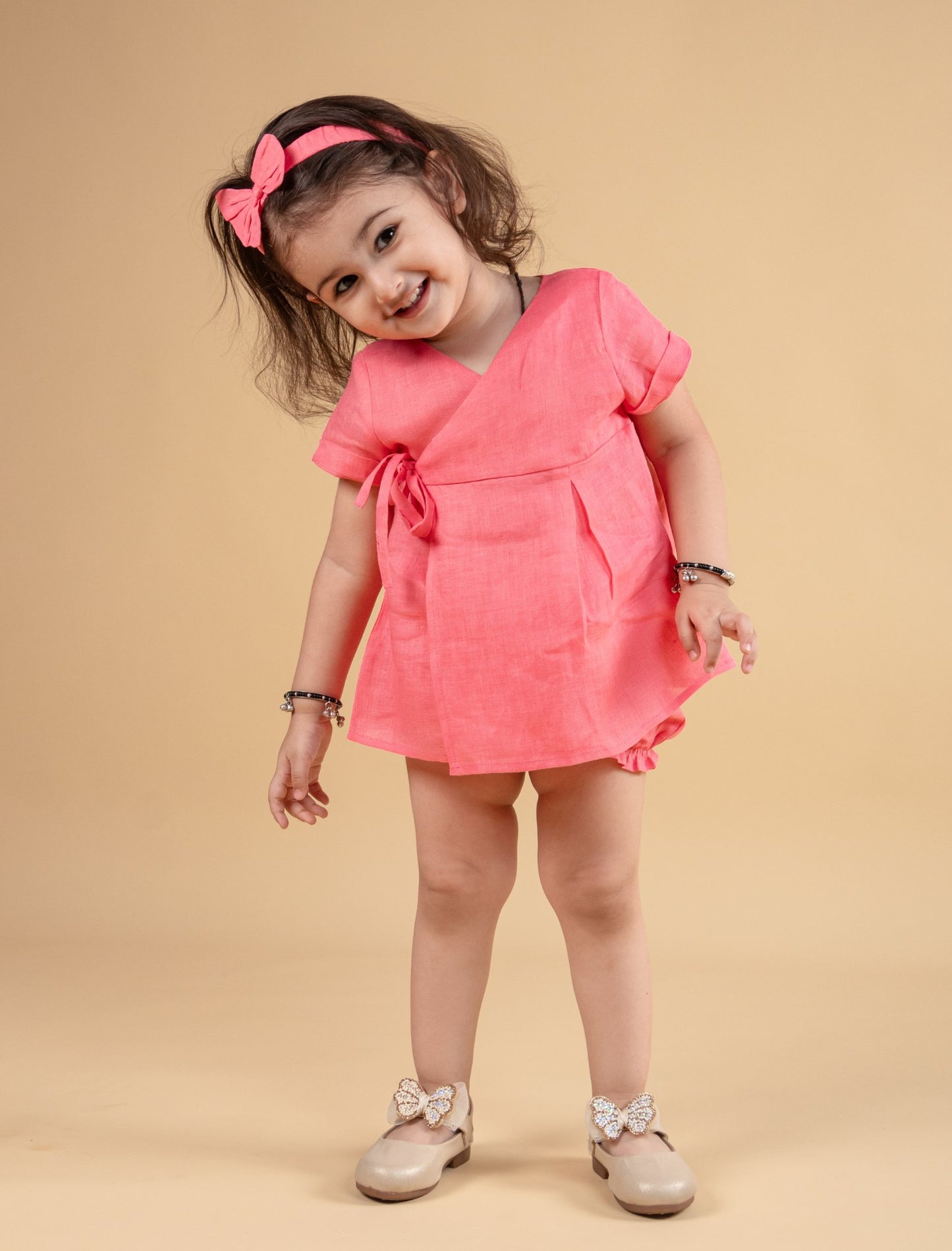 Pure Cotton Wrap Style Infant Baby Dress For Girls Kids with Headband (Coral Red) - Tweeny Mini