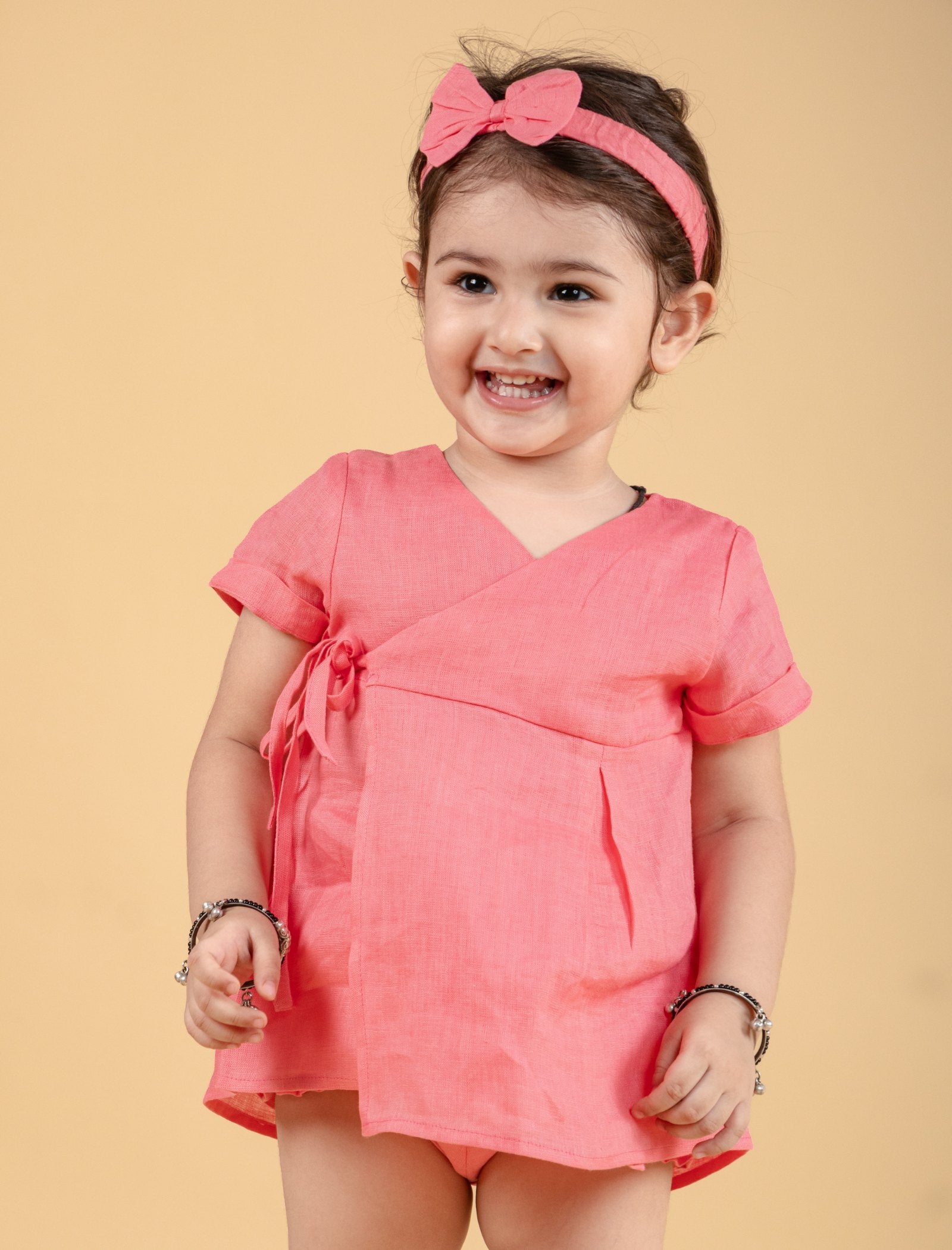 Pure Cotton Wrap Style Infant Baby Dress For Girls Kids with Headband (Coral Red) - Tweeny Mini