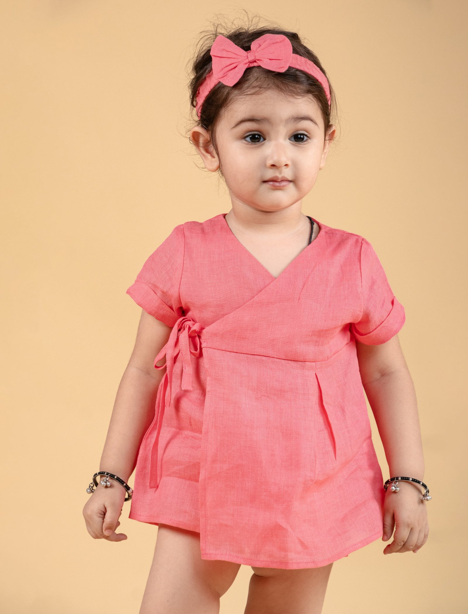 Pure Cotton Wrap Style Infant Baby Dress For Girls Kids with Headband (Coral Red) - Tweeny Mini