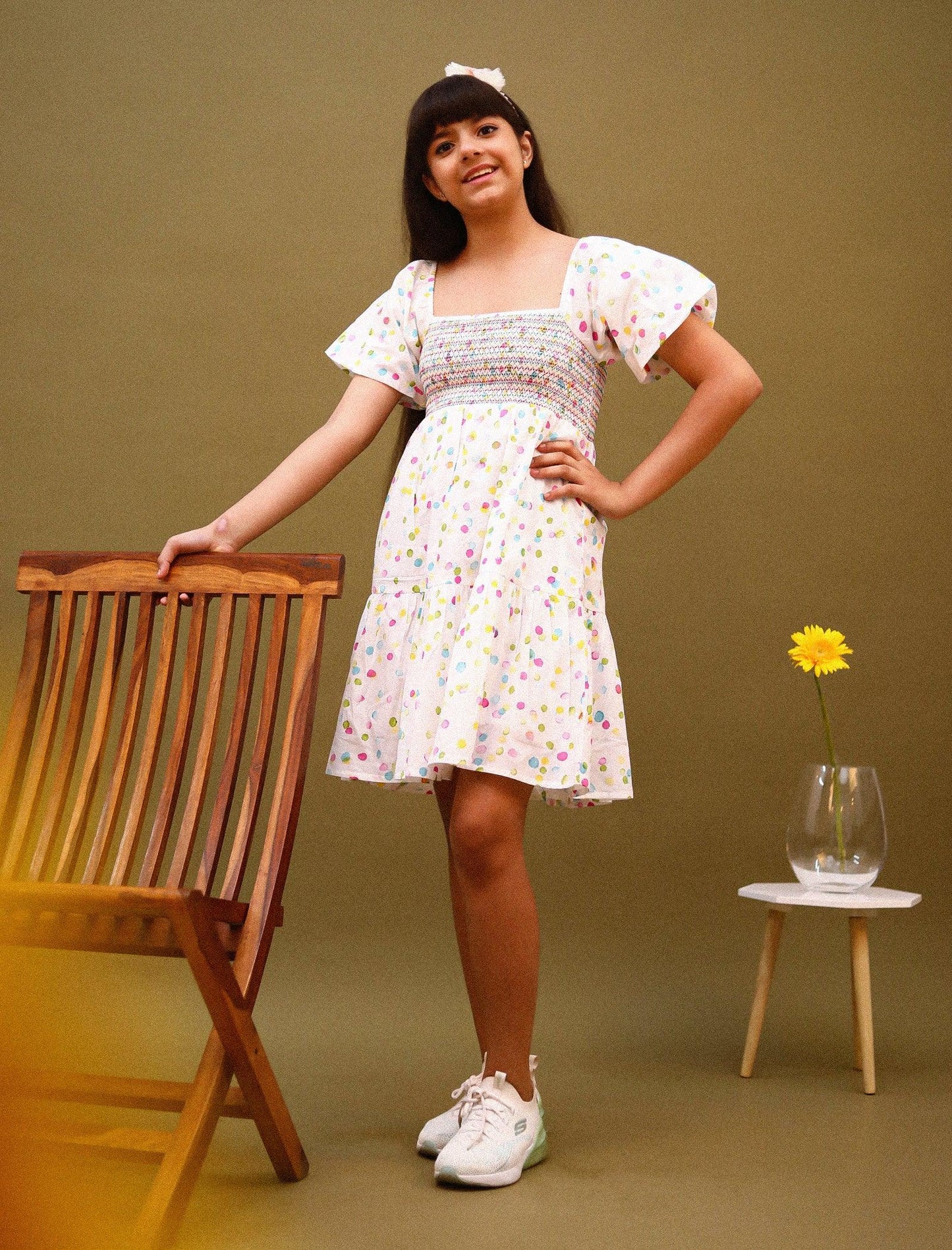 Hand Painted Puffed Balloon Sleeve Dress for Girls (White) - Tweeny Mini