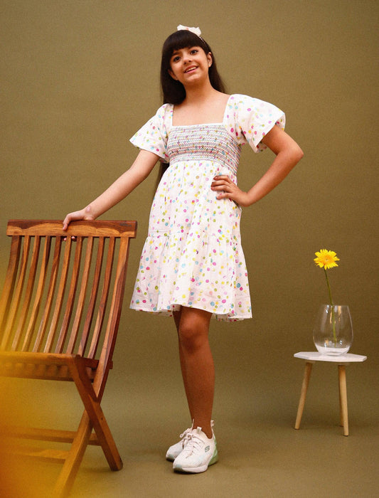 Hand Painted Puffed Balloon Sleeve Dress for Girls (White) - Tweeny Mini