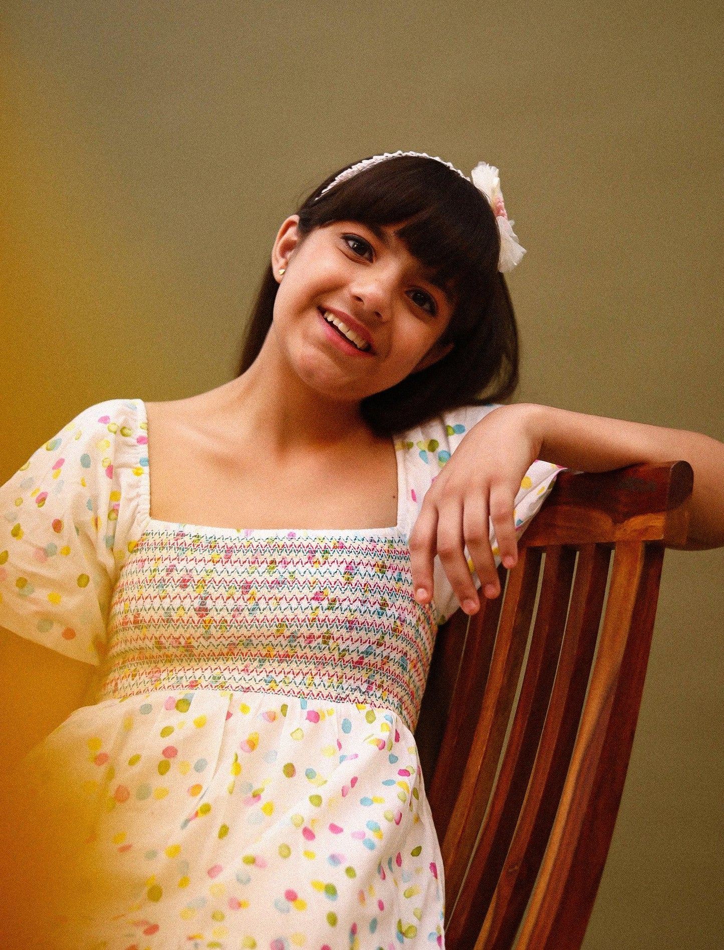 Hand Painted Puffed Balloon Sleeve Dress for Girls (White) - Tweeny Mini