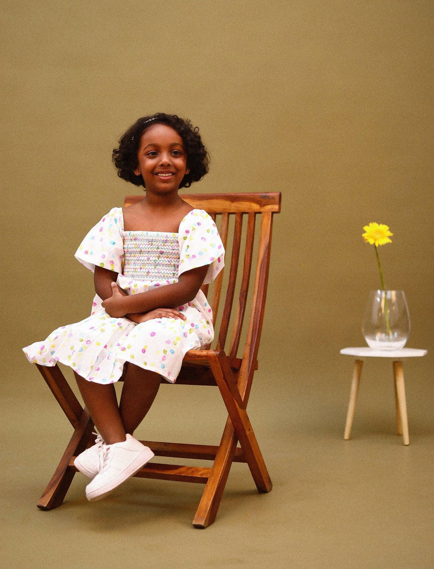 Hand Painted Puffed Balloon Sleeve Dress for Girls (White) - Tweeny Mini