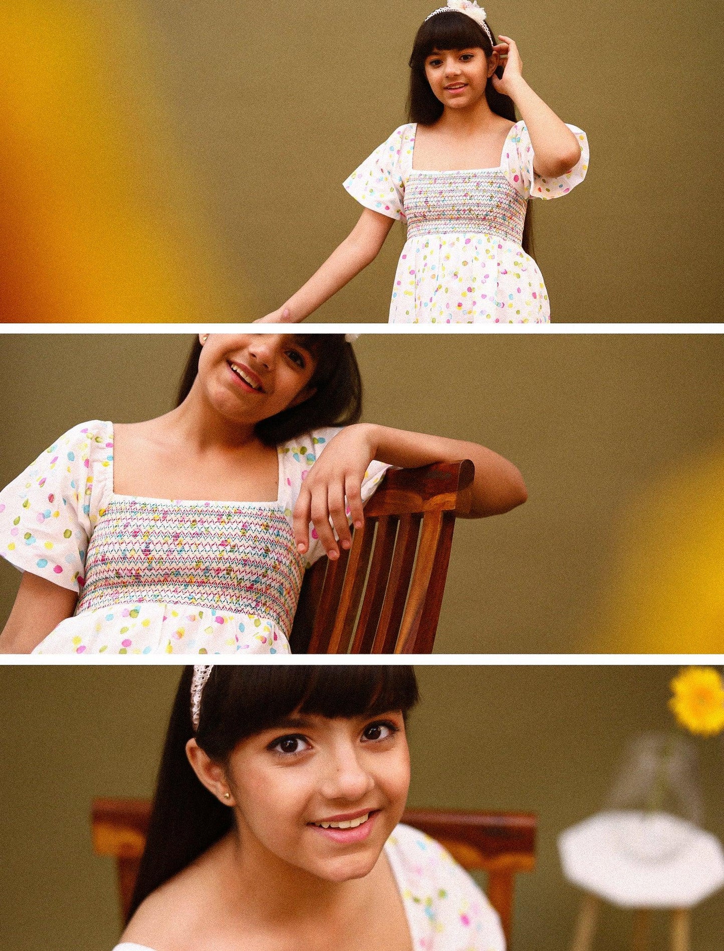 Hand Painted Puffed Balloon Sleeve Dress for Girls (White) - Tweeny Mini