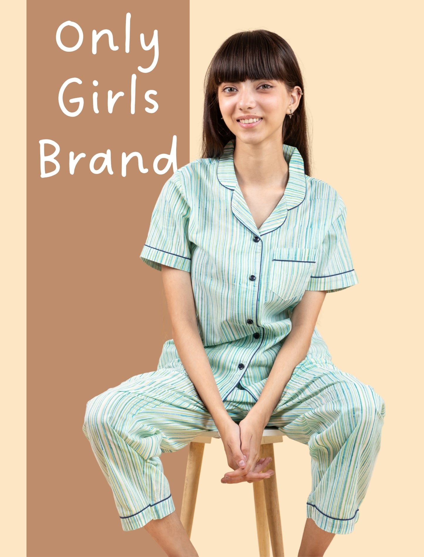 Pure Cotton Half Sleeve Block Print Nightsuit Kids Girls (Blue) - Tweeny Mini