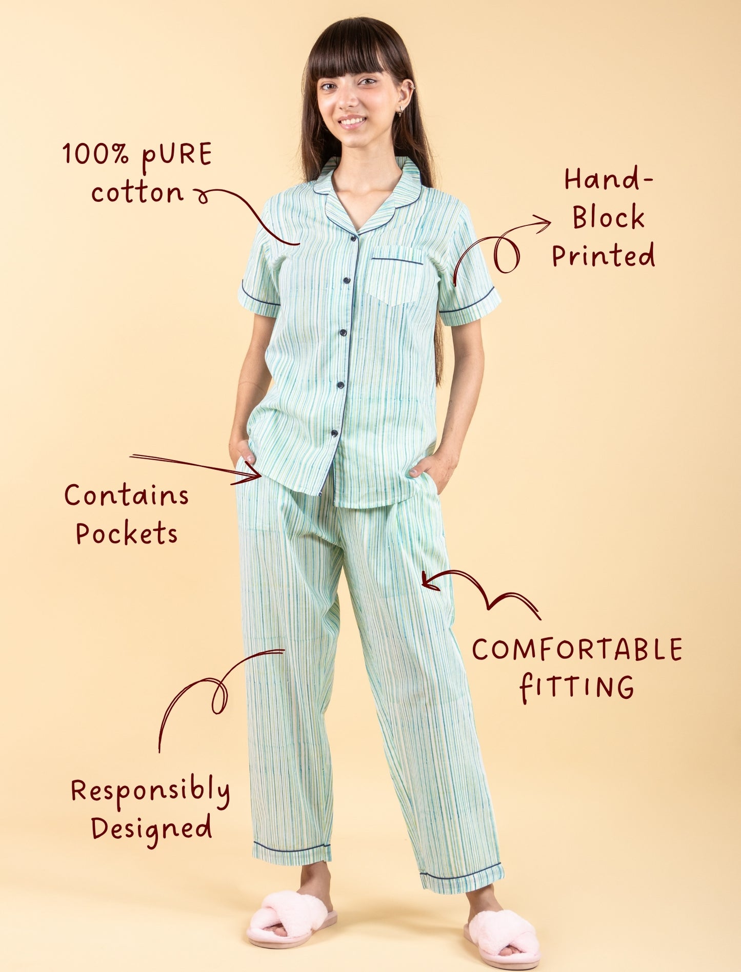 Pure Cotton Half Sleeve Block Print Nightsuit Kids Girls (Blue) - Tweeny Mini