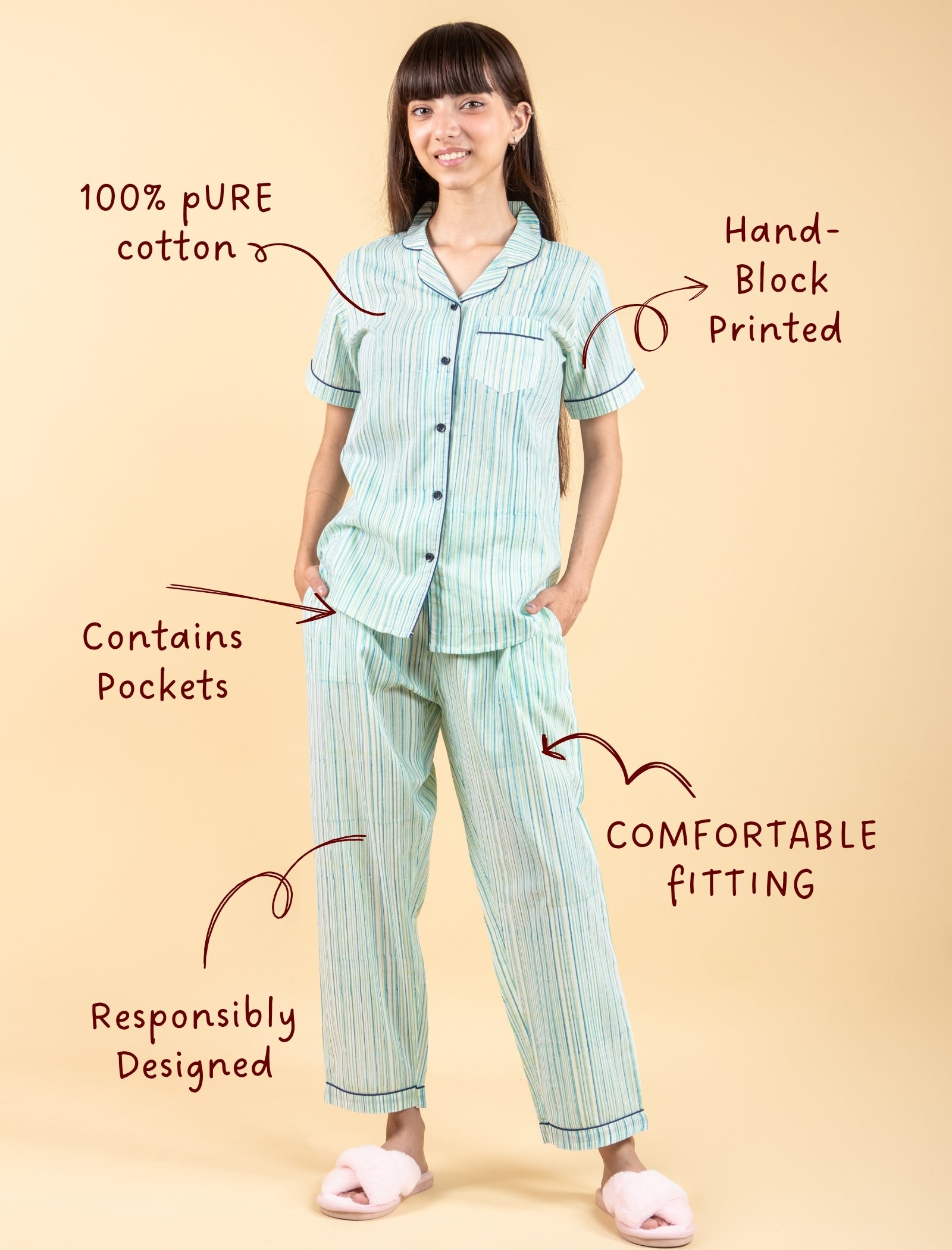 Pure Cotton Half Sleeve Block Print Nightsuit Kids Girls (Blue) - Tweeny Mini