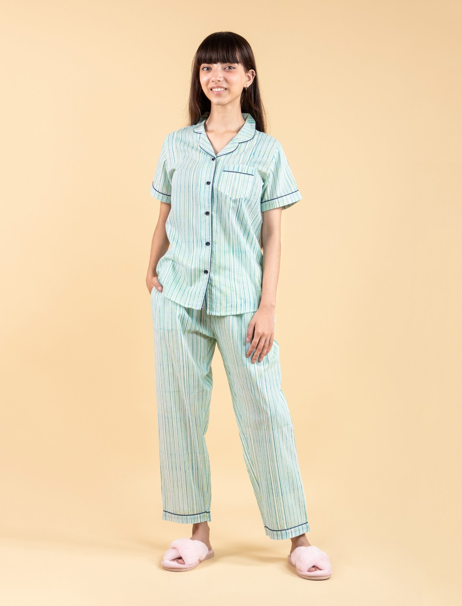 Pure Cotton Half Sleeve Block Print Nightsuit Kids Girls (Blue) - Tweeny Mini