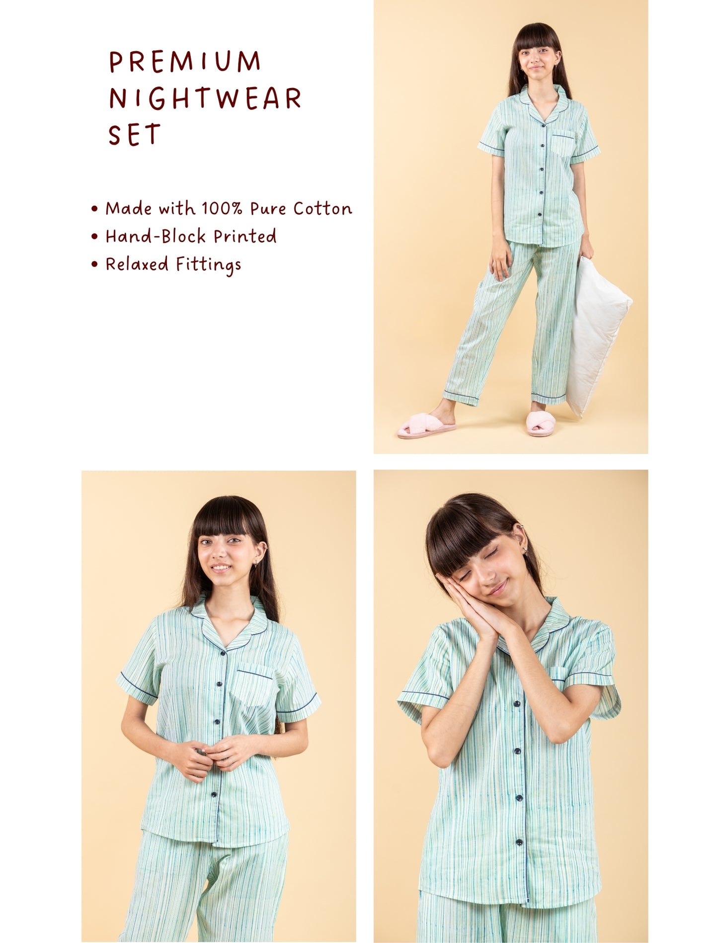 Pure Cotton Half Sleeve Block Print Nightsuit Kids Girls (Blue) - Tweeny Mini