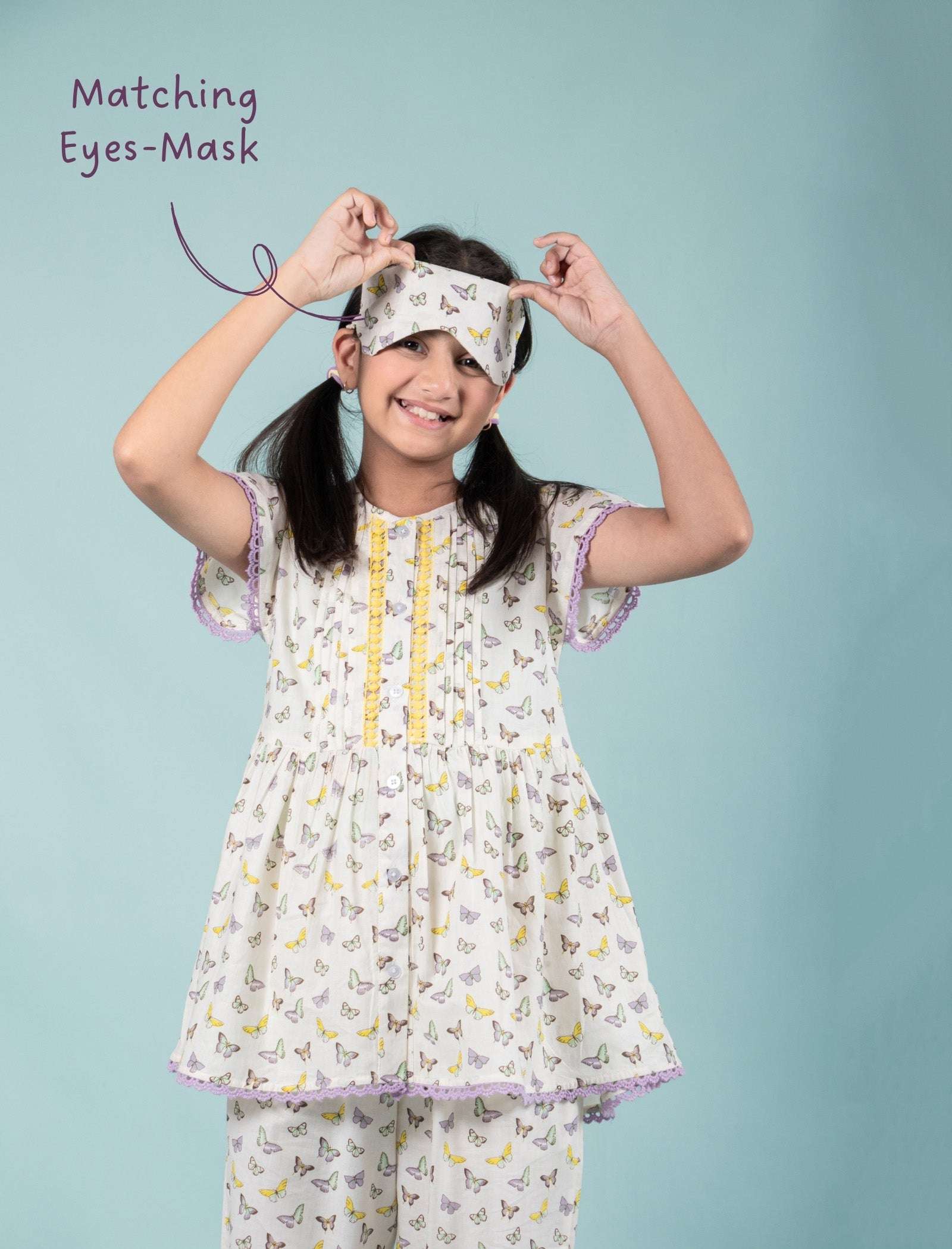 Pure Cotton Butterfly Night Suit for Girls Kids with Eye Mask (Lavender) - Tweeny Mini