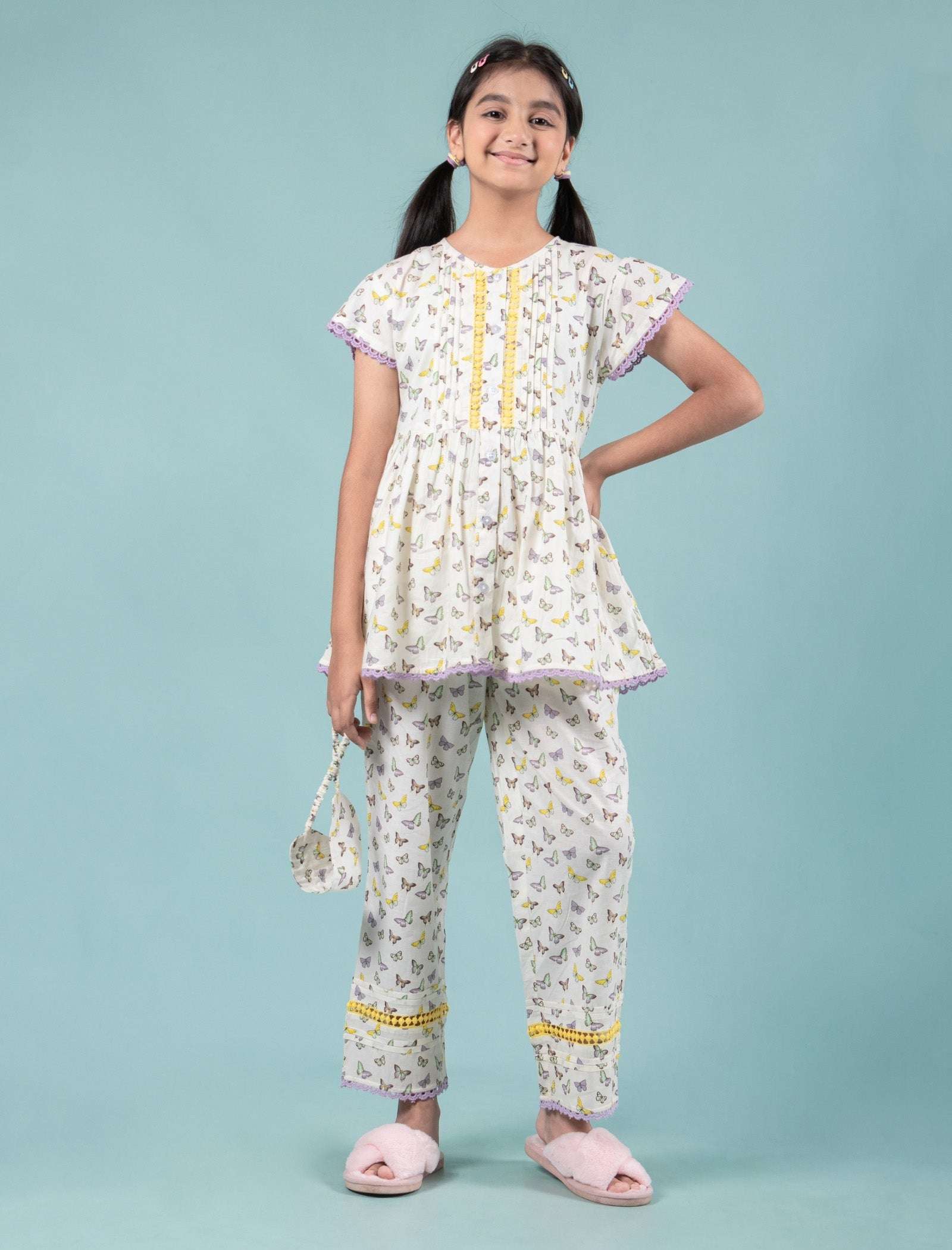 Pure Cotton Butterfly Night Suit for Girls Kids with Eye Mask (Lavender) - Tweeny Mini