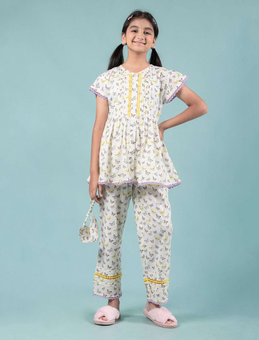 Pure Cotton Butterfly Night Suit for Girls Kids with Eye Mask (Lavender) - Tweeny Mini